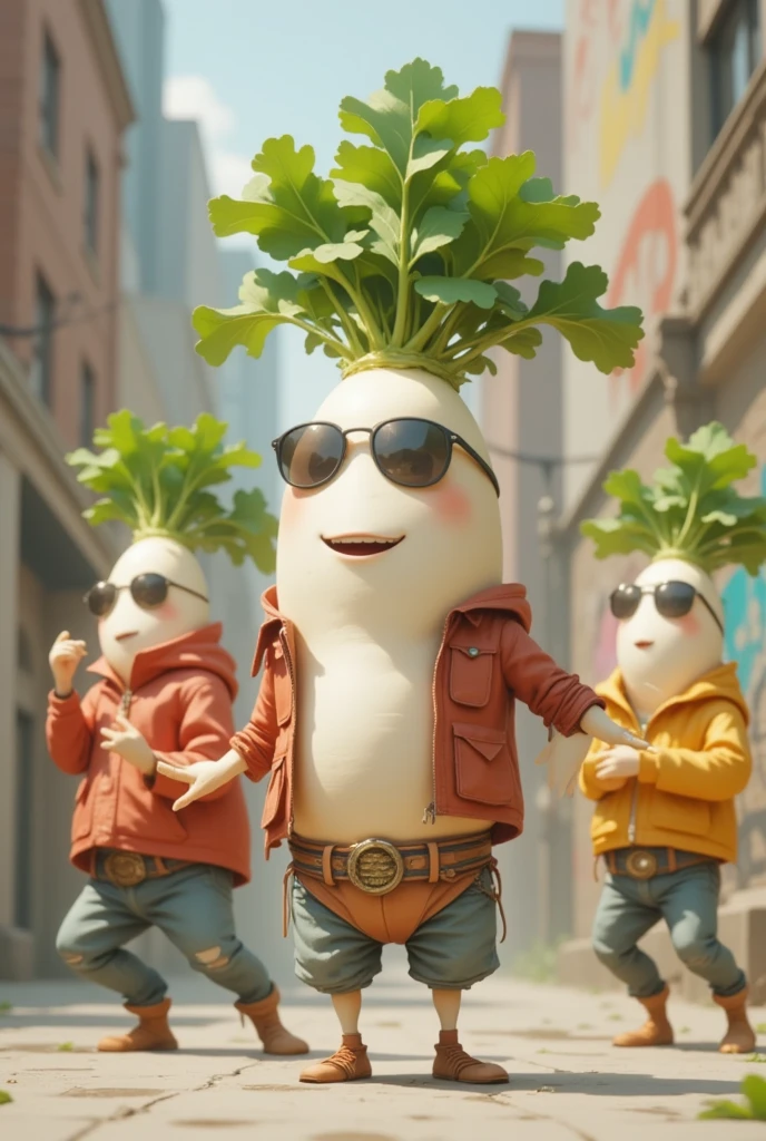  rapper-like DAIKON characters , daikon characters are hip-hop rappers。American back alley background 。 sunglasses。Dynamic Pose。 colorful jacket。 american casual。