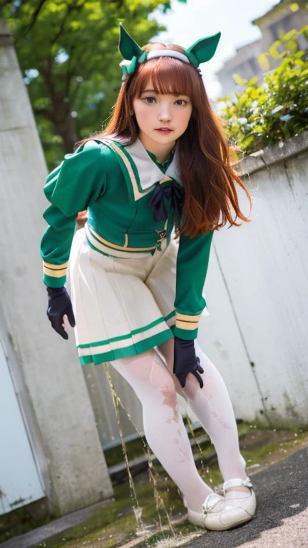 (realistic, photo-realistic:1.4), (masterpiece, best quality:1.2), RAW photo, high resolution, intricate details, extremely detailed, sharp focus, (full body, frontal photography, view from below:1.3), solo, 1girl, a 30s Japanese woman, (aasuzuka, long hair, ginger hair, animal ears, ear covers, white hairband, horse tail, green sailor collar, black bow, white shirt, layered sleeves, green sleeves, white miniskirt:1.2), (black gloves, black pantyhose, brown shoes:1.4), (detailed face, beautiful detailed eyes, beautiful pupils, sophisticated nose), pale skin, (peeing self, urinate a lot, open legs, leaning forward, pee stain, urination:1.5), (pee puddle:1.2), photo background, outdoors, concrete,
