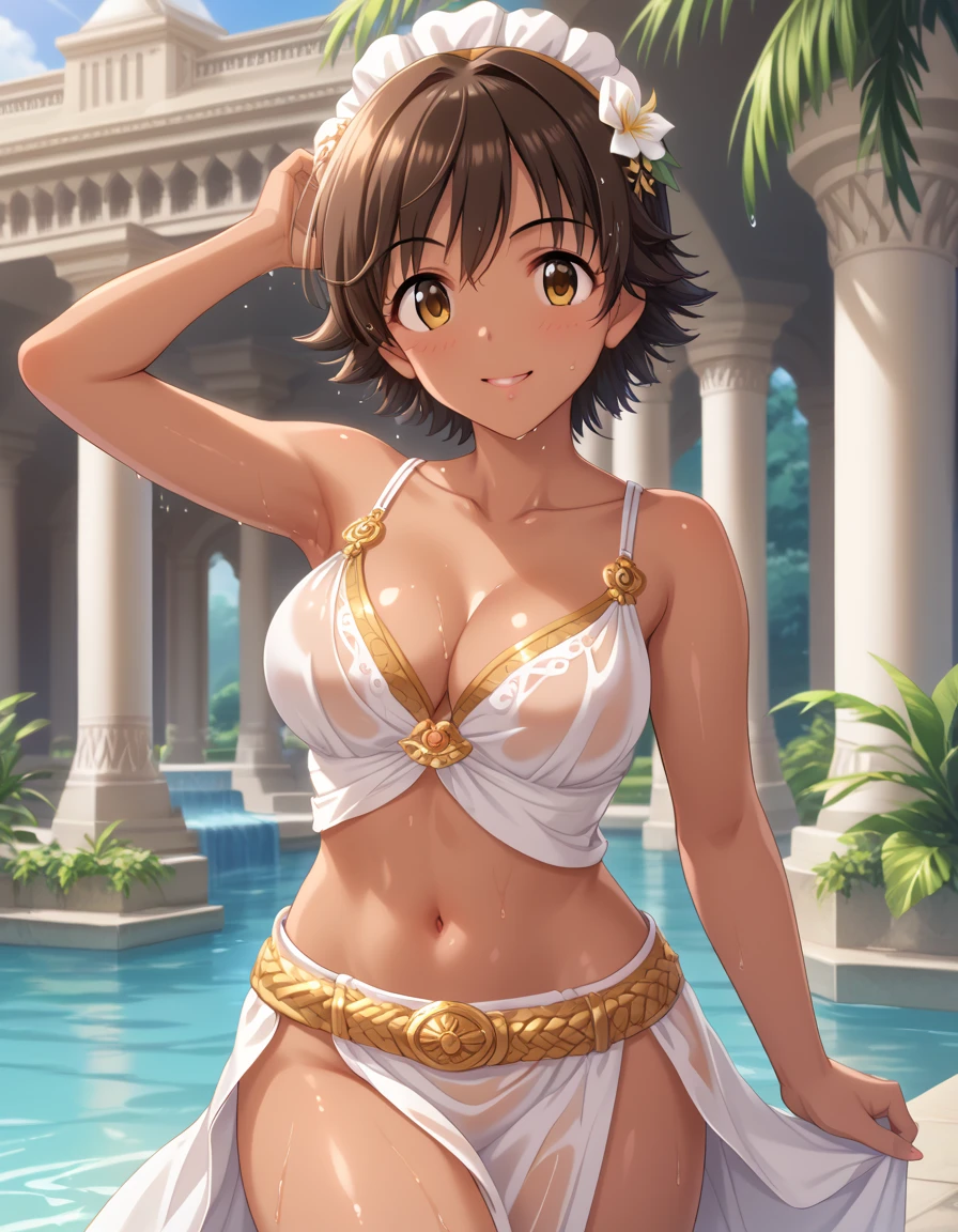 In ancient palace,1 girl is walking.honda mio,(dark skin:1.1) oiled skin,blush,smile,bare arms,collarbone,armpit,cleavage,navel,groin,bare thigh,her face is blush,beautiful girl, cute girl,hyper_beautiful_detailed_game_CG ,source_anime, A beautiful young girl standing gracefully, wearing a simple, ancient African-inspired silver outfit. The outfit is modest yet elegant, made from natural, earthy fabrics with geometric patterns and a belt made of beads and woven fibers. A woman stands confidently in the lush garden of a magnificent palace, with a strong yet graceful posture. Her eyes, sharp and determined, convey a sense of both power and compassion. The surrounding tropical landscape is bursting with vivid colors, where the sunlight bathes the scene in a warm, golden glow.,oiled skin,score_9,score_8_up,score_7_up,score_6_up,shiny skin,wet skin
