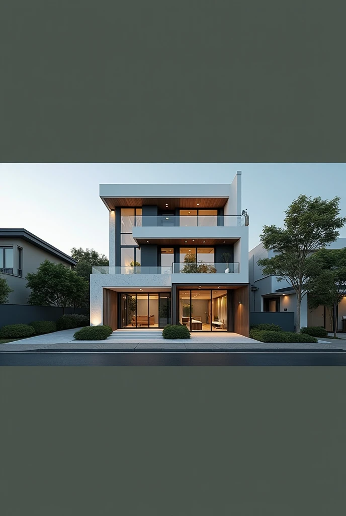 modern townhouse on the street,(masterpiece),(Real photo), (best quality),(ultra haute résolution), couleurs vives, streetscape,((facade of the house without interior furniture)), tons blancs, murs blancs, large glass doors, (warm interior lighting : 1,2), wood and marble, best quality, 18ArchiAI_VL- v1