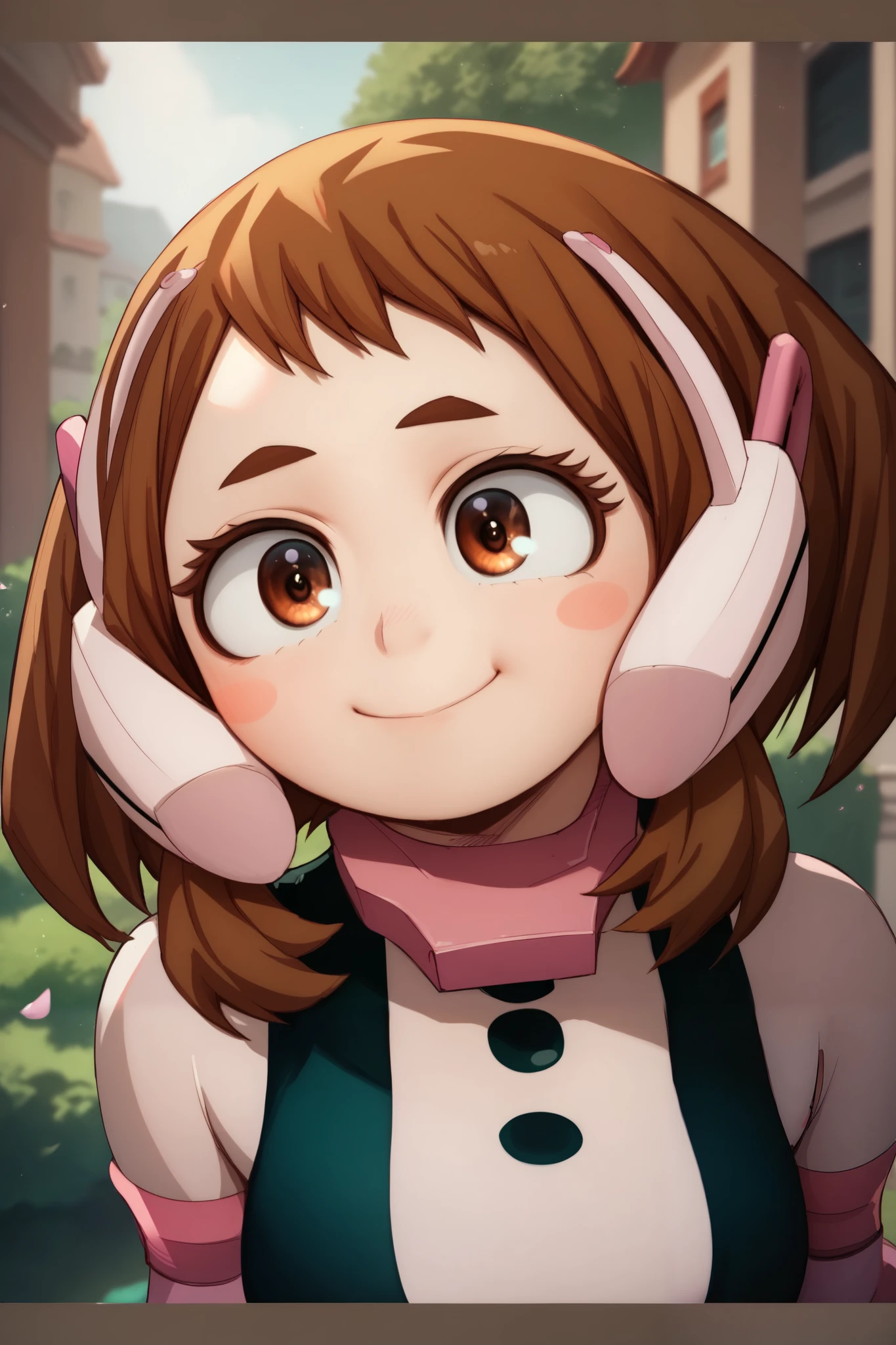 ((ochako uraraka)), ((masterpiece)), ((cartoon style)), {(attractive figure), (round face), (blushy cheeks), (brown hair), (brown eyes), (long eyelashes), (small eyebrows), (cute smile)}, {(hero costume), (bodysuit), (large pink boots)}