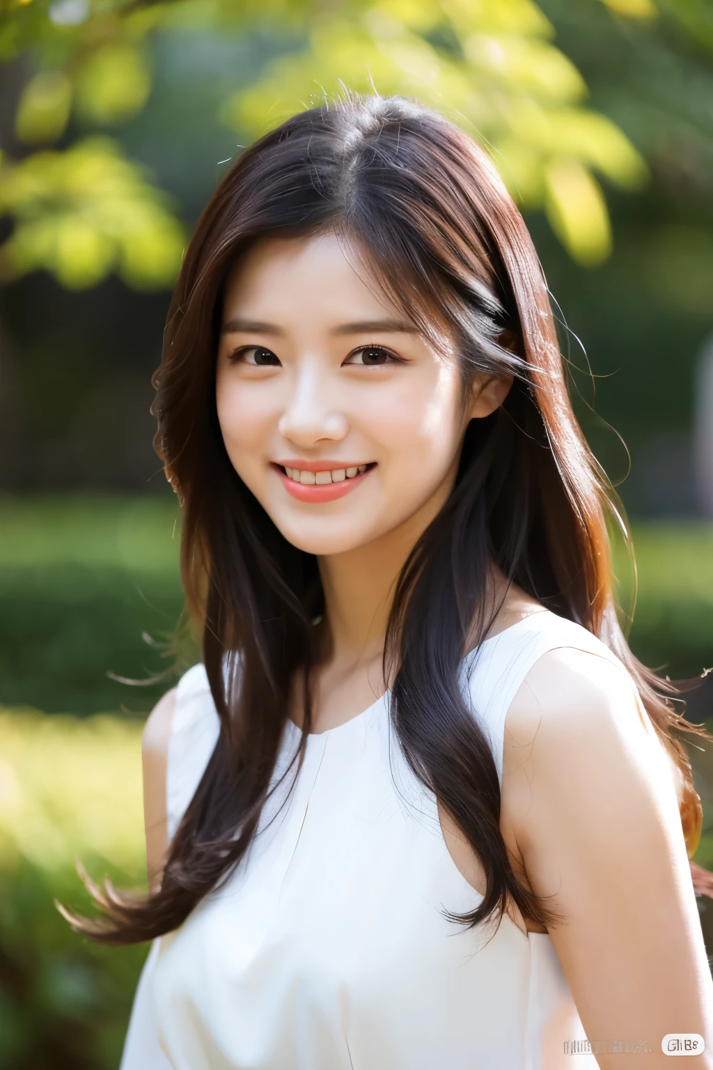 Arafed asian woman with long hair and white top smiling - SeaArt AI
