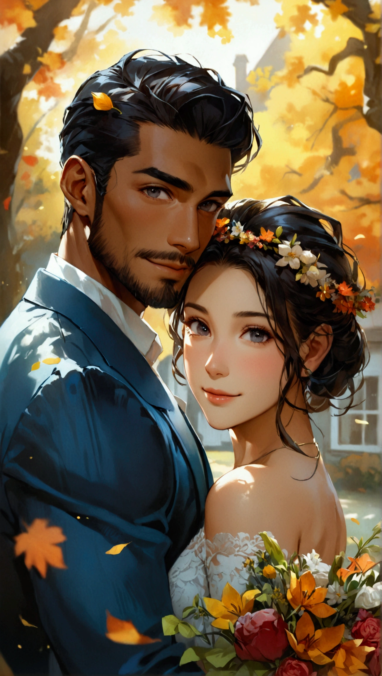 Portray a full shot of an interracial couple in cinematic vibe, accentuating a hopeful and blissful future for their engagement. Exuding affection, he and she are looking directly at the camera with a gentle and confident smile, set against the backdrop of a cozy Dutch colonial-style house with autumn sky. The couple features a European man in his thirties and an Asian woman in her twenties. He has black eyes, oblong face, dark blonde hair in classic back, neatly groomed beard and a strong athletic physique. While his Asian fiancé has a beautiful oval face, defined by low cheekbones, gentle black eyes, prominent nose, framed by long silky black hair. He is dressed in a fine light-blue suit . She is wearing a tube top holding a bouquet of flowers, radiating her youthful charm. ((blonde hair)), (classic slick back), ((interracial couple)), ((full shot)), (smile), ((looking at viewer)), flower crown, highly detailed, intricate, best quality, ((oval face)), ((wide view))