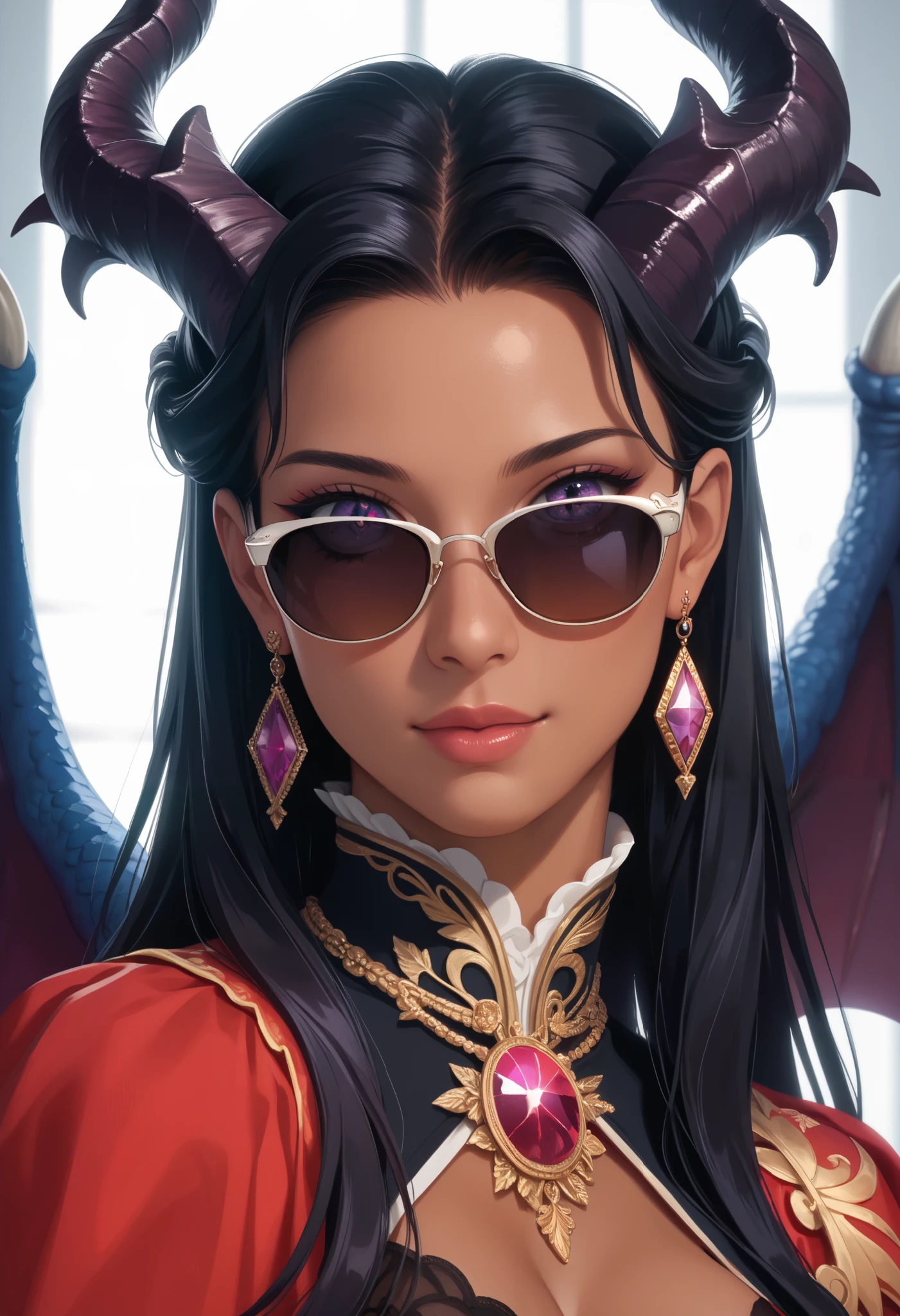 Anime, High-resolution illustrations, unrivaled masterpiece, ultra-realistic 8k CG, perfect artwork, (fidelity: 1.5), Very beautiful woman, long dark black hair,  kaleidoscope of eyes that were constantly changing colour, Her horns darkened to black with shades of dark violet and Draconic wings behind her.