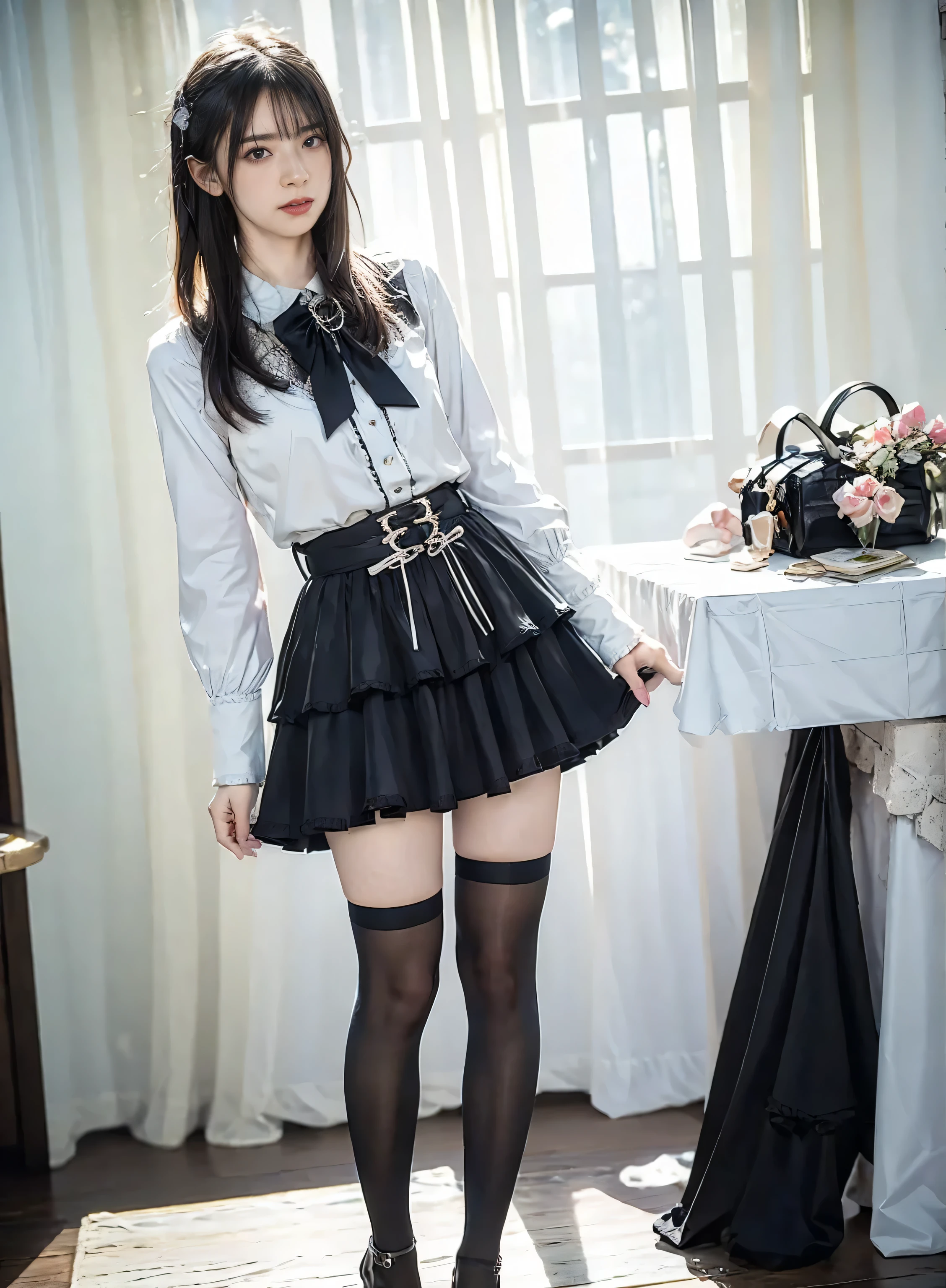 jirai kei costume,jirai kei,shirt,skirt,frilled shirt,frills,lace,Lace trim,shoulder cutout,bow,bowtie,belt,buckle,ribbon,jewelry, jirai kei attire, jirai kei, black thighhighs, high heels,
(RAW photo, best quality), (realistic, photo-Realistic:1.3), best quality, masterpiece, beautiful and aesthetic, 16k, (HDR:1.4), high contrast, (vibrant color:1.4), (muted colors, dim colors, soothing tones:0), cinematic lighting, ambient lighting, sidelighting, Exquisite details and textures, cinematic shot, (Bright and intense:1.2), wide shot, A flawlessly composed and exquisitely lit photograph captures the essence of a art, One person, real, photorealistic,