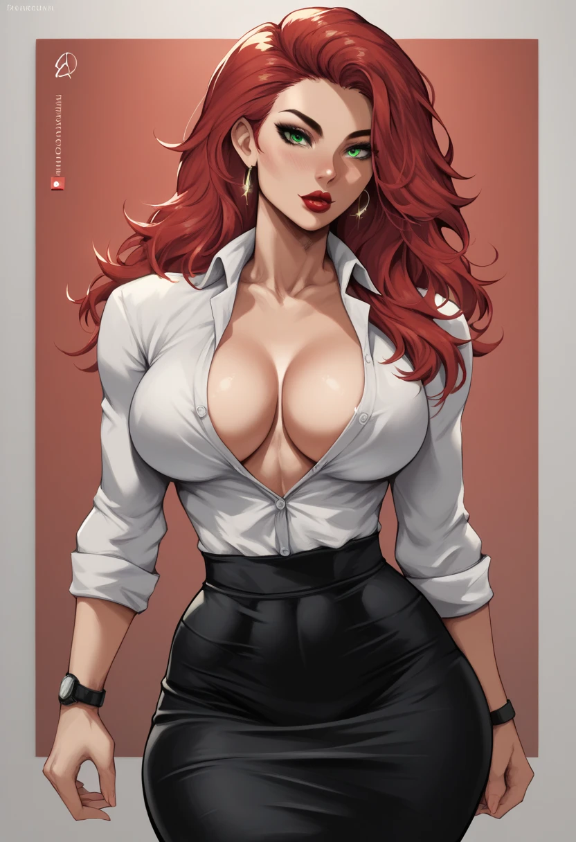 (masterpiece), best quality, expressive eyes, perfect face, red hair, green eyes, big breasts, fit body, hourglass figure, wide hips, natasha romanoff, long hair, bangs, green eyes, red hair, lipstick, makeup, decollete, cleavege, athletic, black pencil skirt, white button up shirt, unbuttoned, sleevless