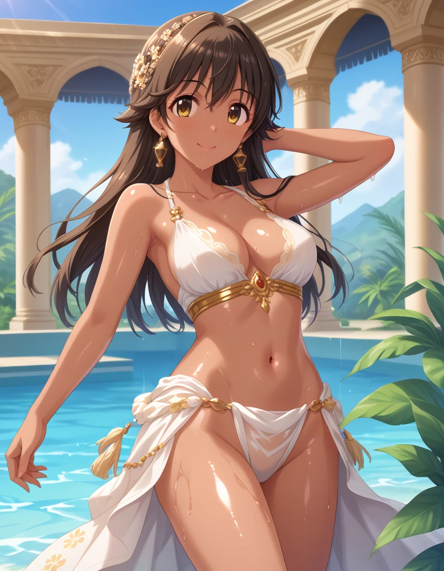 In ancient palace,1 girl is walking.honda mio,(dark skin:1.1) oiled skin,blush,smile,bare arms,collarbone,armpit,cleavage,navel,groin,bare thigh,her face is blush,beautiful girl, cute girl,hyper_beautiful_detailed_game_CG ,source_anime, A beautiful young girl standing gracefully, wearing a simple, ancient African-inspired silver outfit. The outfit is modest yet elegant, made from natural, earthy fabrics with geometric patterns and a belt made of beads and woven fibers. A woman stands confidently in the lush garden of a magnificent palace, with a strong yet graceful posture. Her eyes, sharp and determined, convey a sense of both power and compassion. The surrounding tropical landscape is bursting with vivid colors, where the sunlight bathes the scene in a warm, golden glow.,oiled skin,score_9,score_8_up,score_7_up,score_6_up,shiny skin,wet skin
