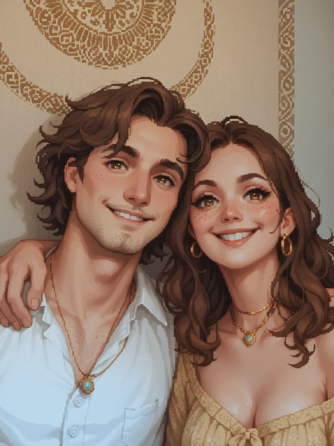 create a 8-bit pixel art cartoon of A warm and natural indoor portrait of a young couple standing close together, smiling softly. The man has wavy, shoulder-length brown hair, a light goatee, and is wearing a white button-up shirt with layered necklaces featuring pendants. The woman has long wavy brown hair, freckles, and is wearing a light yellow off-the-shoulder top with large hoop earrings and delicate necklaces. Behind them is a textured wall hanging with intricate patterns in neutral tones, adding a cozy and bohemian vibe to the scene.