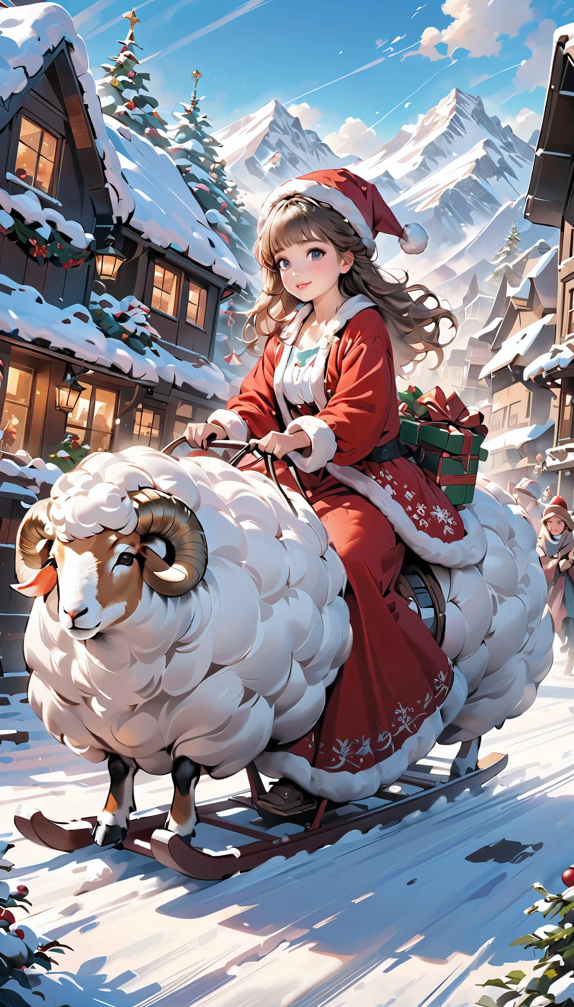 a female santa claus, riding on a sled pulled by sheep, delivering presents, fantasy christmas scene, beautiful detailed eyes,beautiful detailed lips,extremely detailed eyes and face,longeyelashes, 1girl, detailed illustration, oil painting, christmas theme, snow, winter, landscape, cozy, warm, glowing lights, festive, enchanting, magical, whimsical, dreamlike, soft pastel colors, (best quality,4k,8k,highres,masterpiece:1.2),ultra-detailed,(realistic,photorealistic,photo-realistic:1.37)