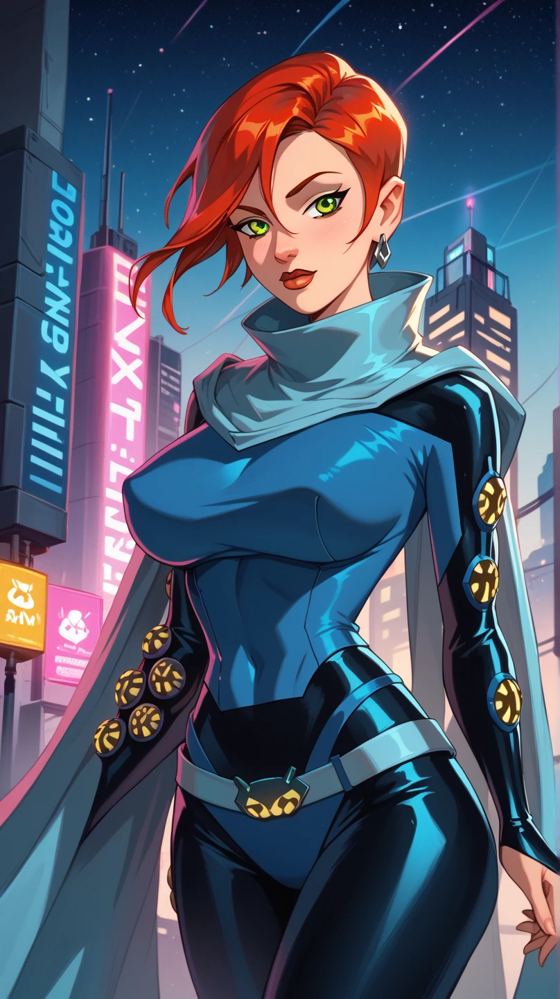 Future Gwen ,  She must have a futuristic look ,  hairstyle with an elegant outfit that mixes modern and retro elements.  Her outfit consists of a long cape ,  with neon details and a geometric pattern . Gwen has red hair in a sophisticated , with silver highlights,  and her eyes are vibrant green .  The setting in the background is a futuristic city ,  with tall skyscrapers and bright lights ,  reflecting a starry night sky . 1 , Alone,  Long hair,  Big breasts , 