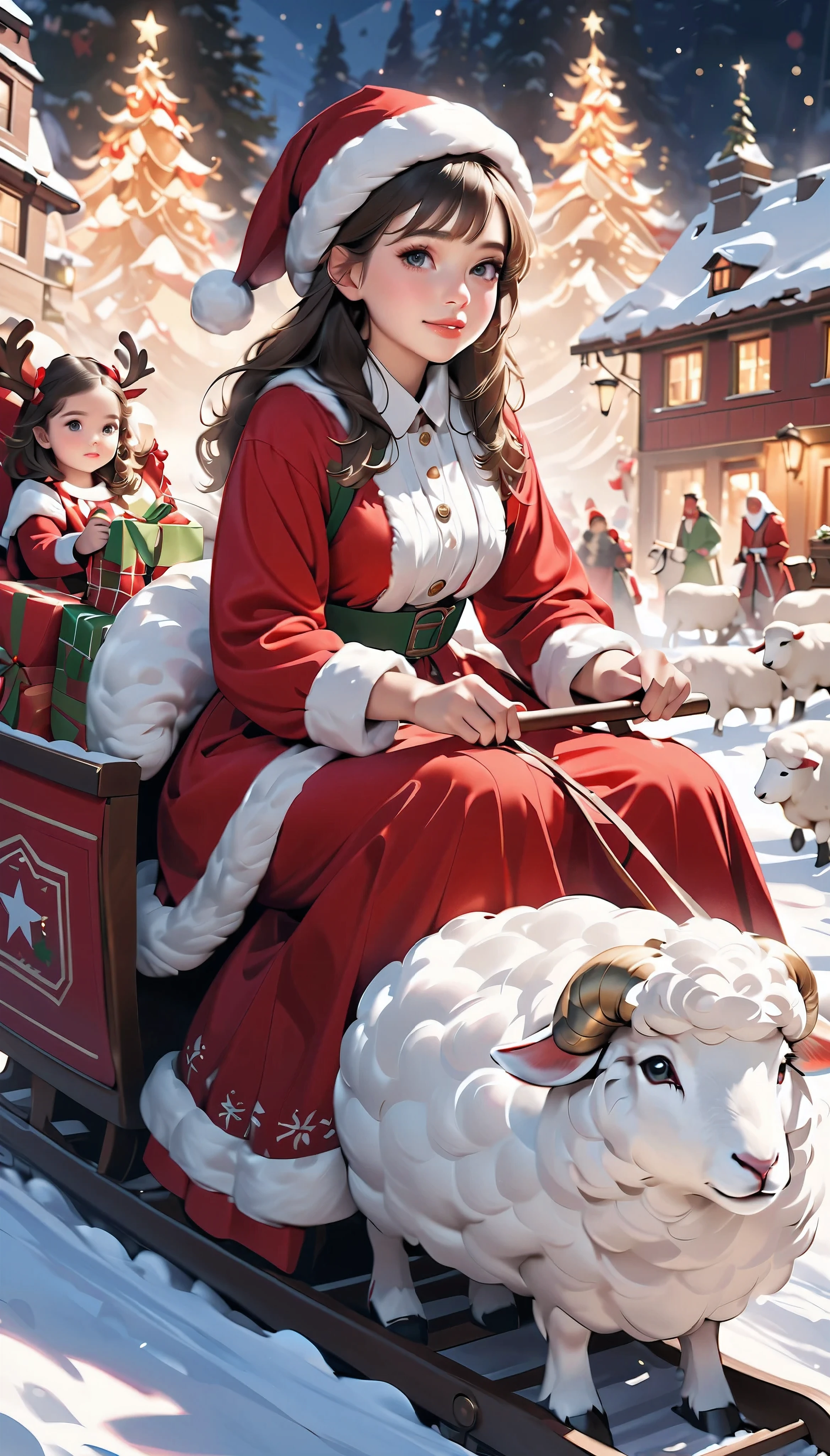 A beautiful female Santa Claus riding on a sled pulled by sheep, delivering presents, a fantastical Christmas scene, (best quality,4k,8k,highres,masterpiece:1.2),ultra-detailed,(realistic,photorealistic,photo-realistic:1.37),extremely detailed eyes and face,longeyelashes,beautiful detailed lips,beautiful detailed eyes,1girl,sled,sheep,presents,christmas,fantasy,winter,snowy,glowing lights,warm colors,cinematic lighting