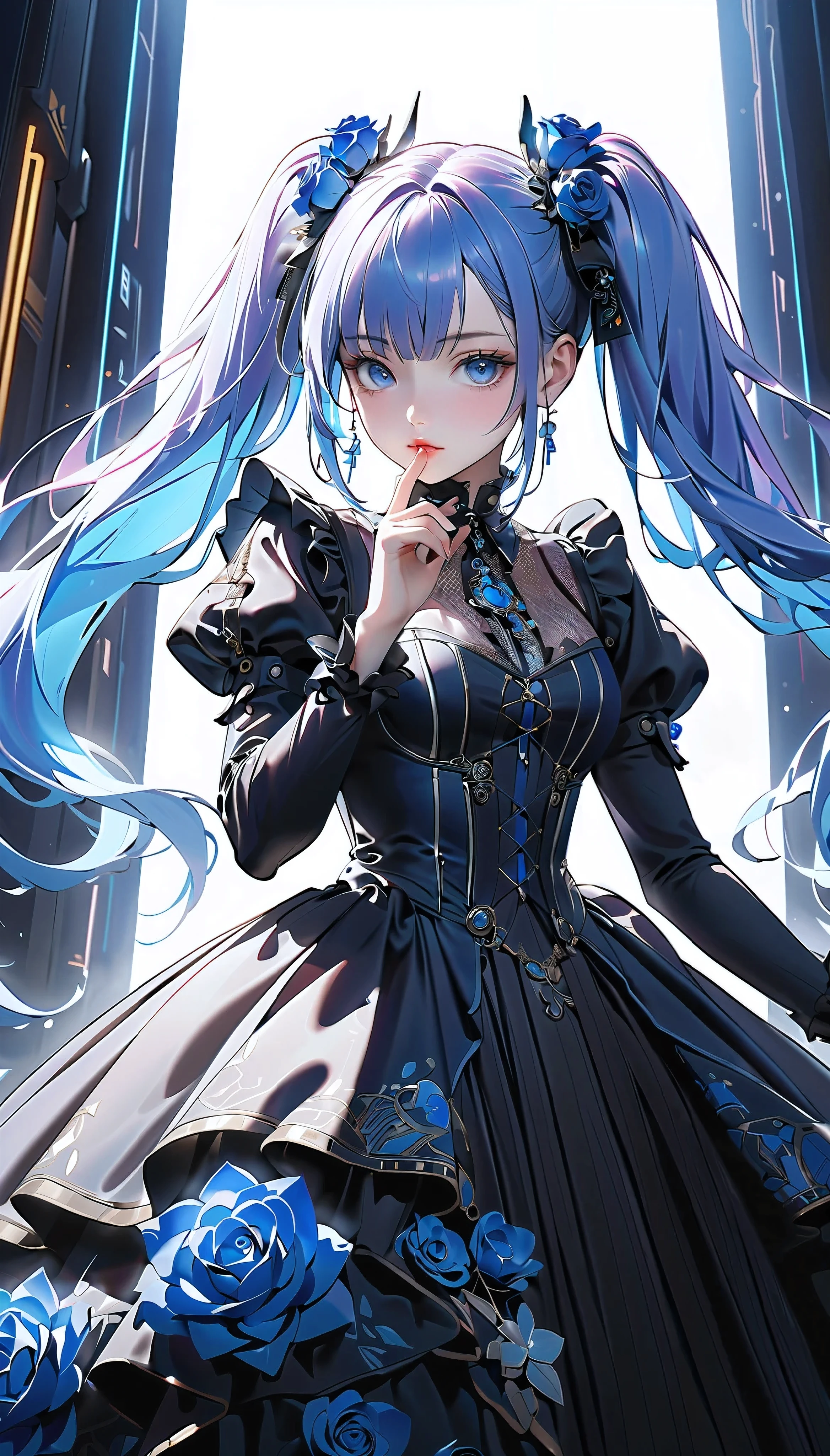 [bestquality,4K,8k, highres icon,masterpiece:1.3 ],ultra-detailed,[realistic,photorealistic,photo-realistic:1.3],HDR,UHD,[ ultra-high resolution 3DCG concept art ]. one beautiful girl with blue hair and twin tails , detailed clear blue eyes and glossy lips , detailed, beautiful, moisturized white real skin 、 Place the index finger of one hand on your lips 、Mysterious、wearing a gorgeous blue and white gothic lolita dress in a cyberpunk style, with many visible mechanisms and Blue Neon lights shining from the clothes, against a pure white background with many 青と白のバラ, seductive ポーズで, robot style white and blue barrette ,Anatomically accurate body model、 very detailed, high quality 3d rendering 、 physical base rendering 、Ultra-fine painting、 dramatic dramatic lighting 、 cyberpunk , gothic lolita, complex details,Gorgeous, delicate details,Mechanical,Blue Neon, blue roses , high fashion, elegant , attractive, seductive