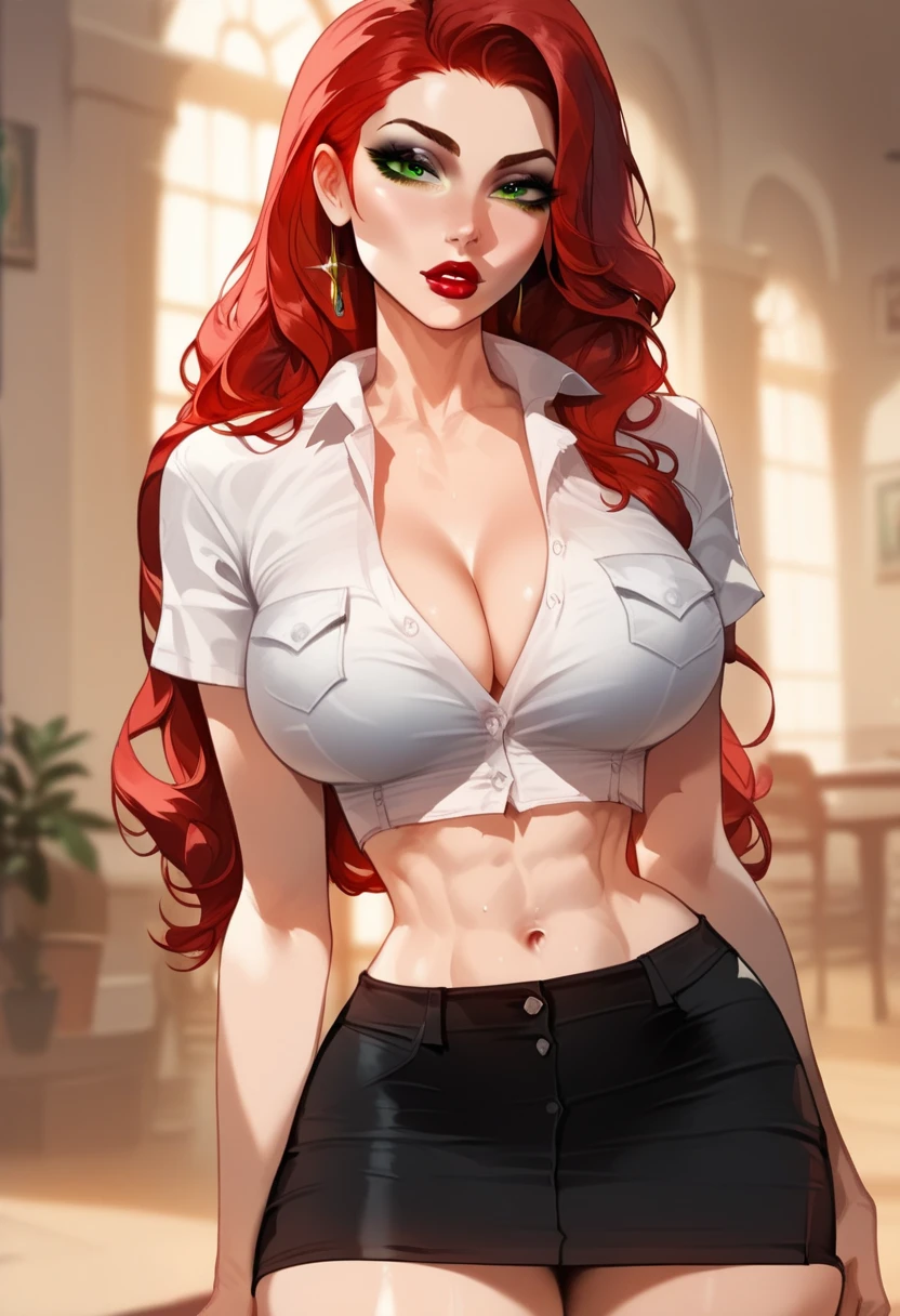 (masterpiece), best quality, expressive eyes, perfect face, red hair, green eyes, big breasts, fit body, hourglass figure, wide hips, natasha romanoff, long hair, bangs, green eyes, red hair, lipstick, makeup, decollete, cleavege, athletic, black pencil skirt, cropped white button up shirt, unbuttoned, sleevless, bare midriff