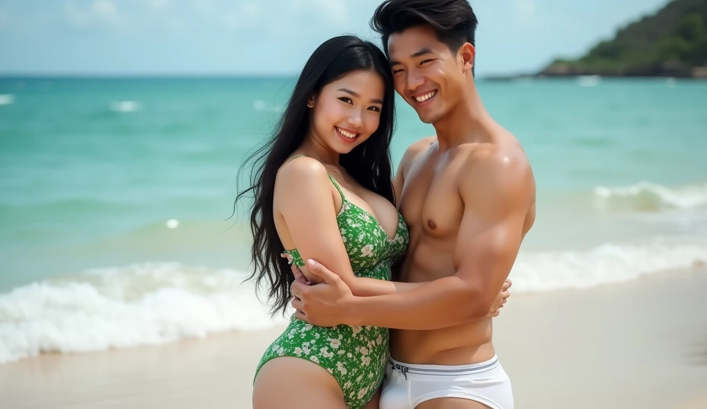 ((best quality)), ((masterpiece)), (detailed), perfect face, Indonesian boy and girl 20 years old are hugged from behind, in the beach, wearing bikini transparan, smile, sexy 