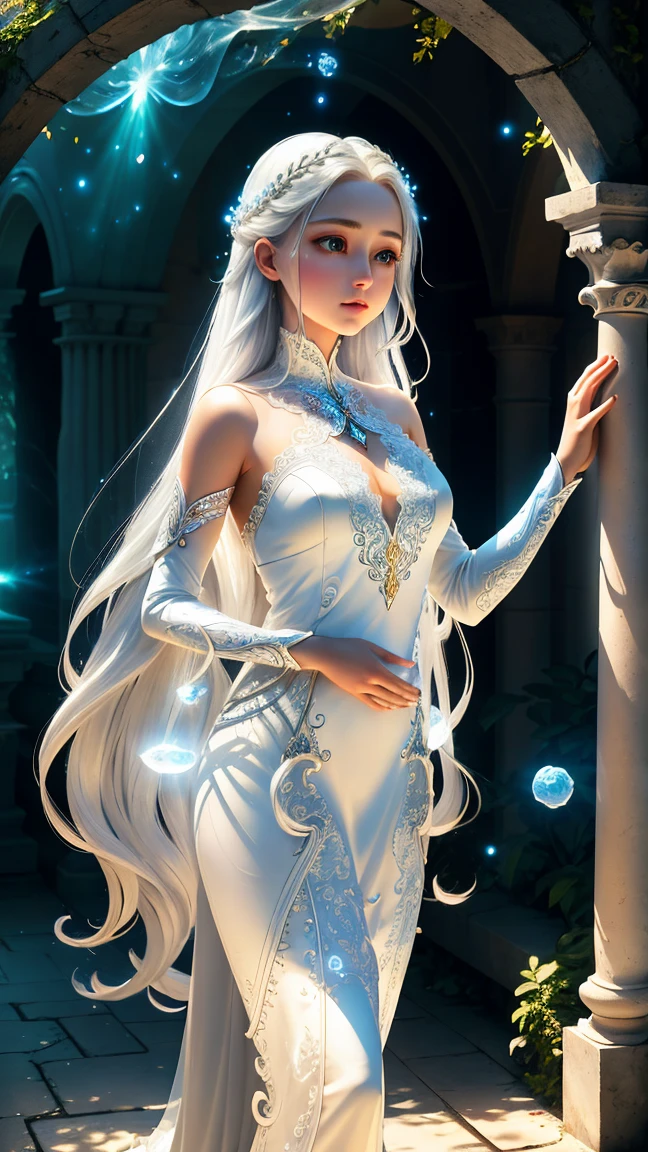Women with ,golden curly hair,Blue eyes,white fox ears,,white translucent long dress with thin straps