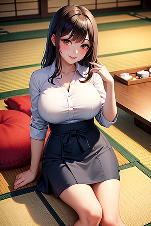 (( top quality)), ((  masterpiece  )), (  detailed hands , Detailed Fingers ,Detailed feet), perfect anatomy,  1 28 year old Japanese girl, Side view of a girl,Turn your face to the viewer and smile at the viewer,Big Breasts,Sexy office lady,White collared shirt,tight skirt with black slits,Sit with your foot down on tatami mats in an izakaya,It&#39;s night outside,Woman sitting in front of a low table with lots of food in a dimly lit room , long dark hair , beautiful face, slender body ,Gentle double eyelids, dark eyes,I'm drunk and blushing slightly ,((Slightly unbuttoned shirt,A beautiful neck, red lips,smile,visible panties ,Open shirt collar)), A woman sitting in front of a low table with lots of food lined up with her face facing the viewer and smiling, black lace bra,Stick out your tongue just a little bit ,