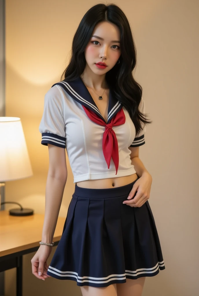 (8K、RAW Photos、top-quality、masterpiece:1.2)、(realisitic、Photorealsitic:1.37)、女の子1人、japanes、18year old、femele、Classroom、natta、profetional lighting、Photon mapping、torn、Colossal tits、The tips of the knitted, which are pure white and very small in size, stick out、areola protruding、The shape of the pubic area is clearly visible、gals、Lots of lashes、Lame on the eyelids、Pitch black lip、Pitch black heels、pubick hair、the lower abdomen bristles、A slender、crotch open、My are big and are about to spill out of my bra、Very much pubic hair、pubic hair is very protruding、((See-through sailor suit、Short pleated skirt))、maroon short hair