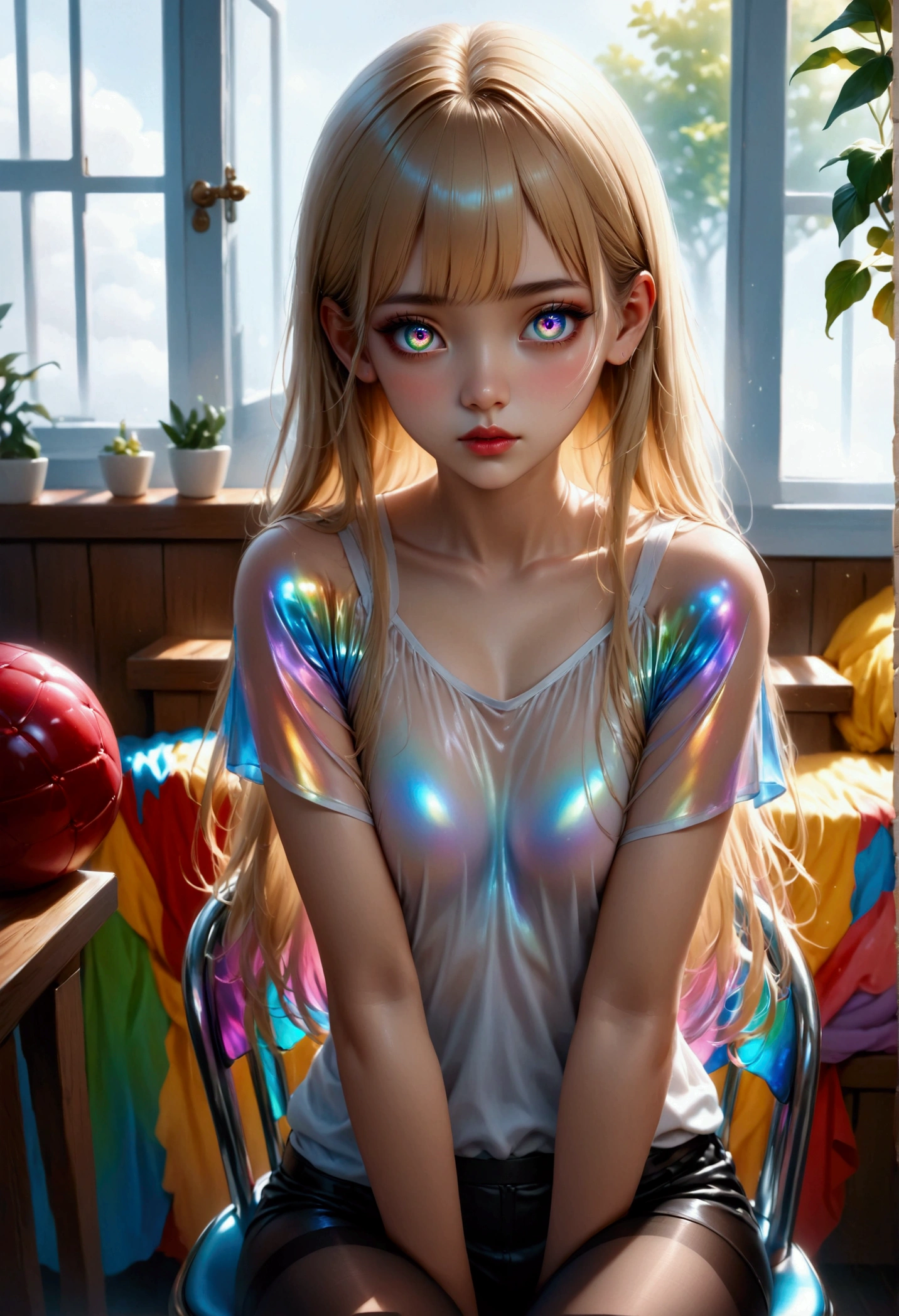 ((((masterpiece, best quality, high resolution)))), Extremely detailed 8K, Beautiful girl with slender body, e-girl, (Ultra HD, Ultra-detailed, Highly detailed, Highly realistic, Ultra-realistic, photograph realistic), (1girl:1.5), (Realistic blonde hair with dark roots), wavy hair, boho bob cut,(dark makeup, pink eyeshadow), facing at camera, light smile, (white and gold outfit, see through clothes, wet skin, transparent). (space cruise)