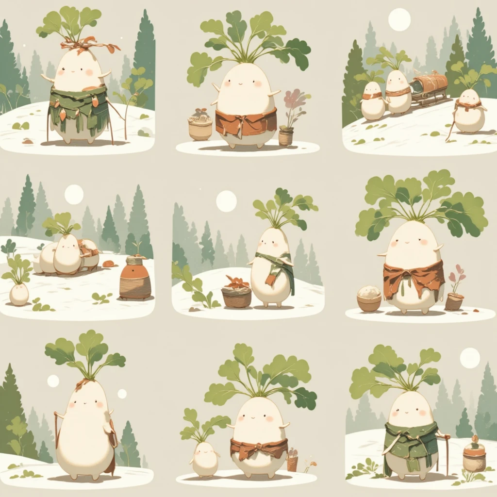 Pattern1,A whimsical 2D illustration in a decorative, pattern-like style. Features a cozy winter-themed scene with charming Daikon in festive outfits, surrounded by snowy forest landscapes. Each element, such as the daikon, baskets, sleighs, and moonlit trees, is stylized with simple, repetitive motifs and soft pastel colors. The design is formatted in a neat, organized layout, giving it the feel of a seamless decorative pattern.