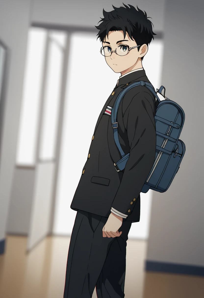 score_9,score_8_up,score_7_up,score_6_up,chromatic aberration,1boy,takakura ken,solo, black hair,short hair,glasses, pants,black pants, white footwear,shoes,school uniform, long sleeves,backpack,dark,under light,standing,posing,sexy,indoors,living room,blurry, blurry background,upper body,cowboy shot, dutch angle