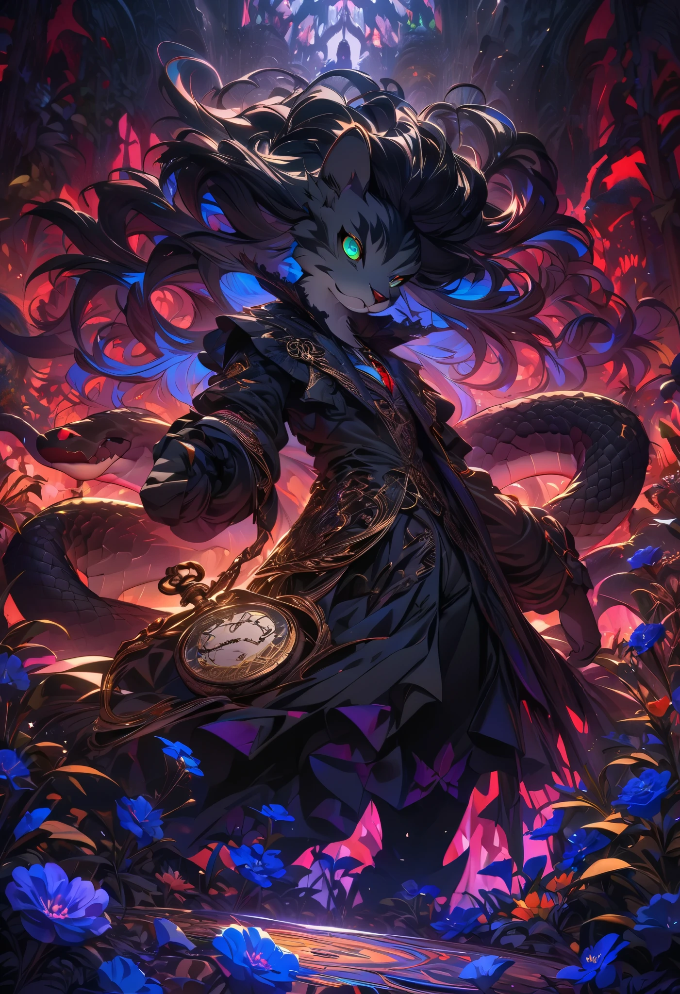 e621(best quality, high resolution, ultra-detailed)silhouett(kemono, furry anthro)holding striking pocket watch, surrounded by flowers, snakes and darkness, illustrative rendering, intricate details, mysterious atmosphere, vibrant colors, dynamic lighting , Gothic style,