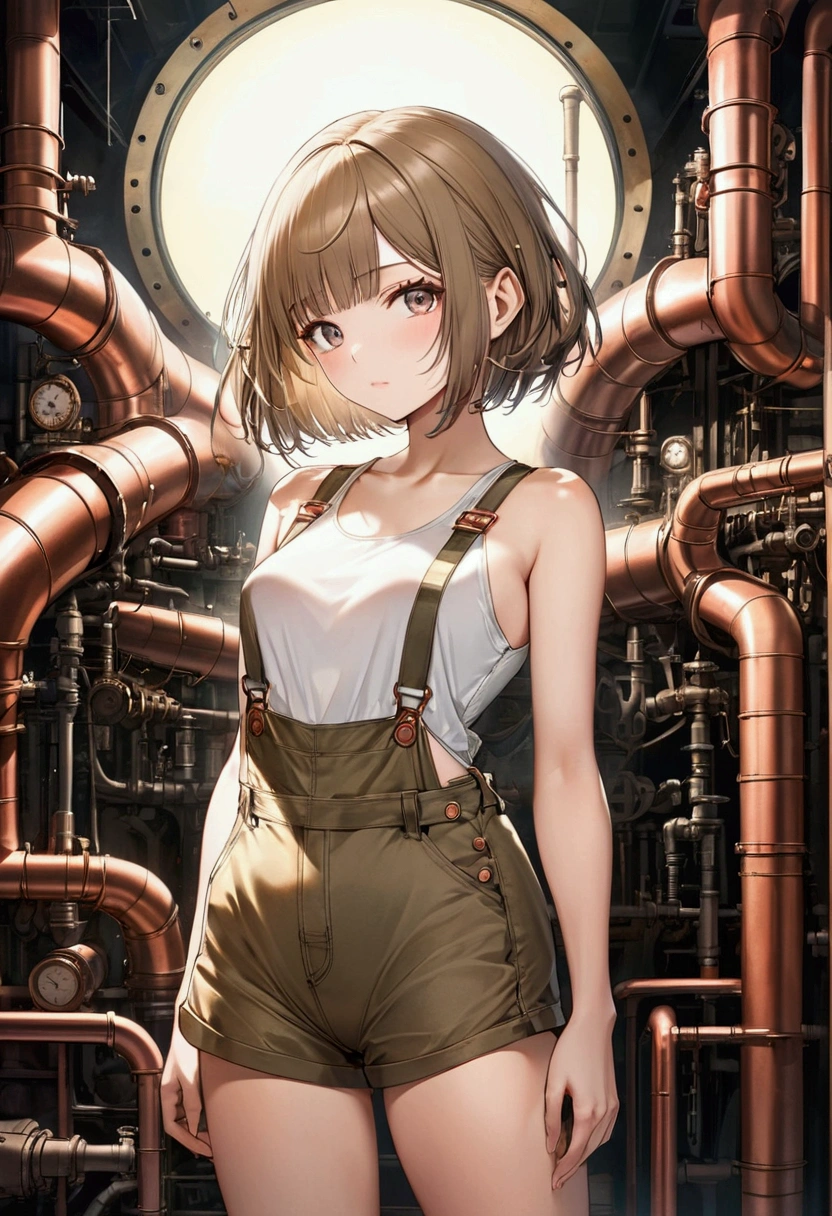 masterpiece, best quality, 1girl short brown hair, pixie cut, green eyes, (glowing eyes), ((steampunk)), corset, top hat, laboratory, workshop, (vacuum tube), contrapposto, arms behind back <lora:donkira_slider:-1>