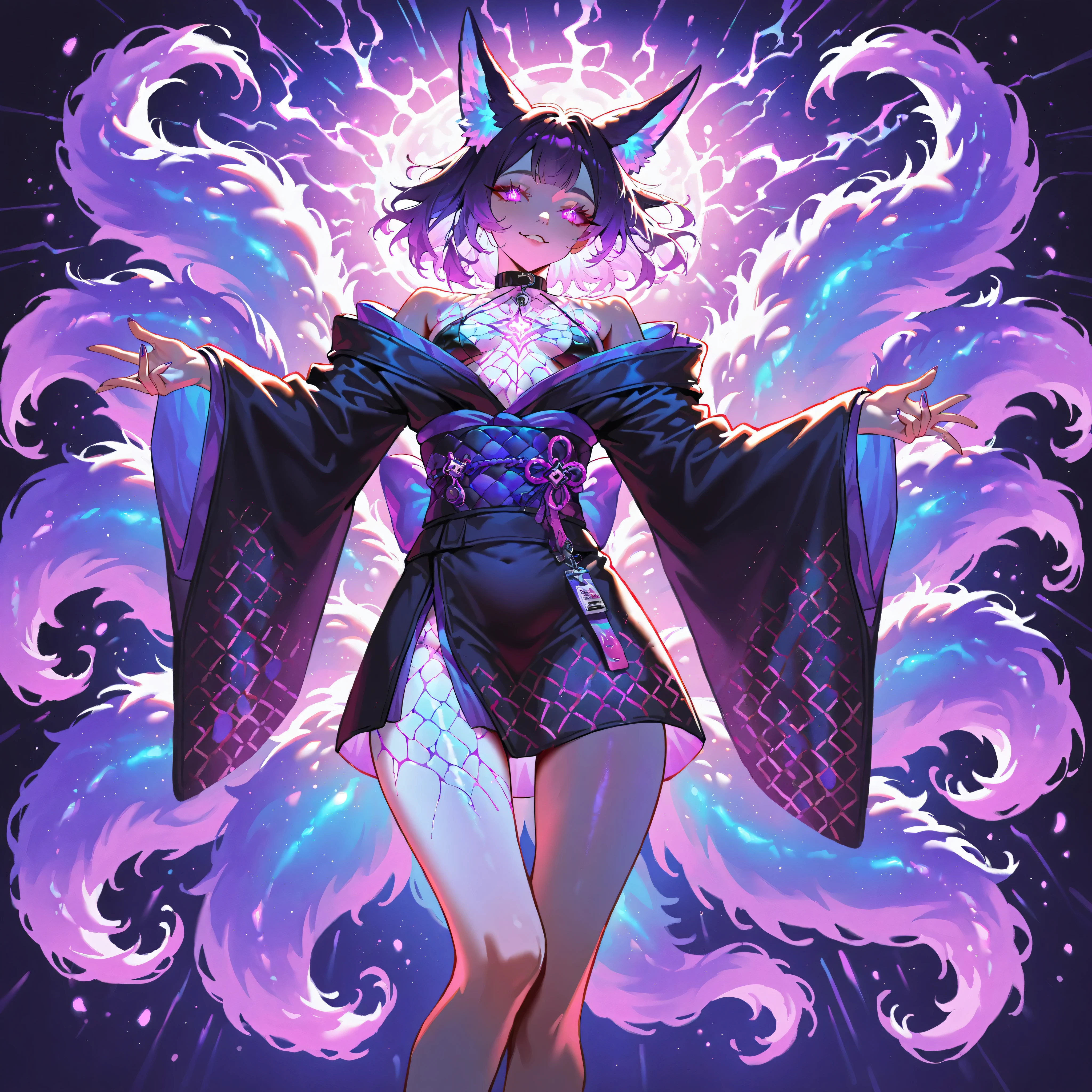 masterpiece, high quality, high resolution, 16K, super detailed background, Makoto Shinkai illustration, ultra realistic, digital painting, dark fantasy, one petite young girl, , fox ears, black and purple hair, bright purple eyes, narrow vertical pupils, glowing eyes, fox ears and tail, 9 tails, black kimono, purple neon, long eyelashes, beautiful skin, super detailed skin, thin legs, fair skin, small breasts, shadowy pattern on skin,