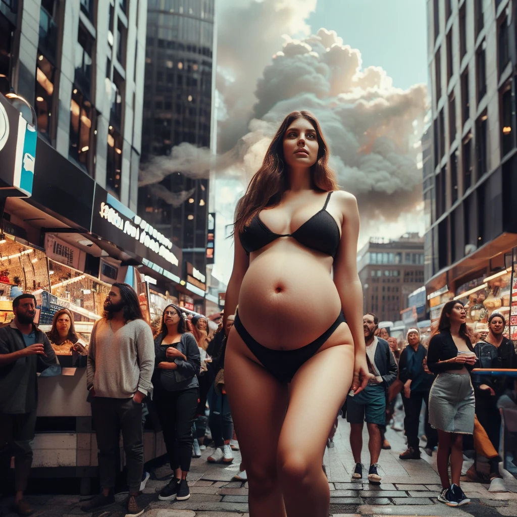 Two women dressed in bikinis standing confidently in the heart of New York City, their toned and slender figures drawing the amazed gazes of the miniature crowd around them. The bustling metropolis serves as a dramatic backdrop, with towering skyscrapers reaching for the heavens and casting long, ominous shadows over the cobblestone streets. Above them, a tapestry of smoke and clouds swirls in a display of epic grandeur, contributing to the tense and eerie ambiance. The unique perspective is taken from below, emphasizing their towering presence and enhancing the sense of awe. Despite their immense size, the women exude an air of casual elegance, with one gently pushing out her swollen belly, highlighting her pregnancy in stark contrast to the city's cold concrete. Their faces, however, remain serene as they navigate through the cityscape, the dimly lit streets and grim buildings only adding to the mysterious allure of the scene. This surreal tableau captures the essence of power and vulnerability, juxtaposing the human form with the unforgiving majesty of the urban jungle, and inviting the viewer to ponder the extraordinary amidst the ordinary.