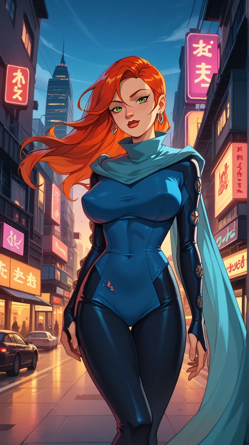 Gwen adulta,  She must have a futuristic look ,  with an elegant costume that mixes modern and retro elements.  Her outfit consists of a long cape ,  with neon details and a geometric pattern .  Gwen has red hair in a sophisticated hairstyle , with silver highlights,  and her eyes are vibrant green .  The setting in the background is a modern city, with modern architectural buildings , tree-lined streets, under an evening sky ,  that evokes a warm and harmonious environment . 1 , Alone,  Long hair,  Big breasts , 