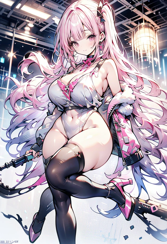 Pink セーラーleotard　pink hair very long hair,  Big Breasts ,  plump thighs 　Shoulder bag　 high heels