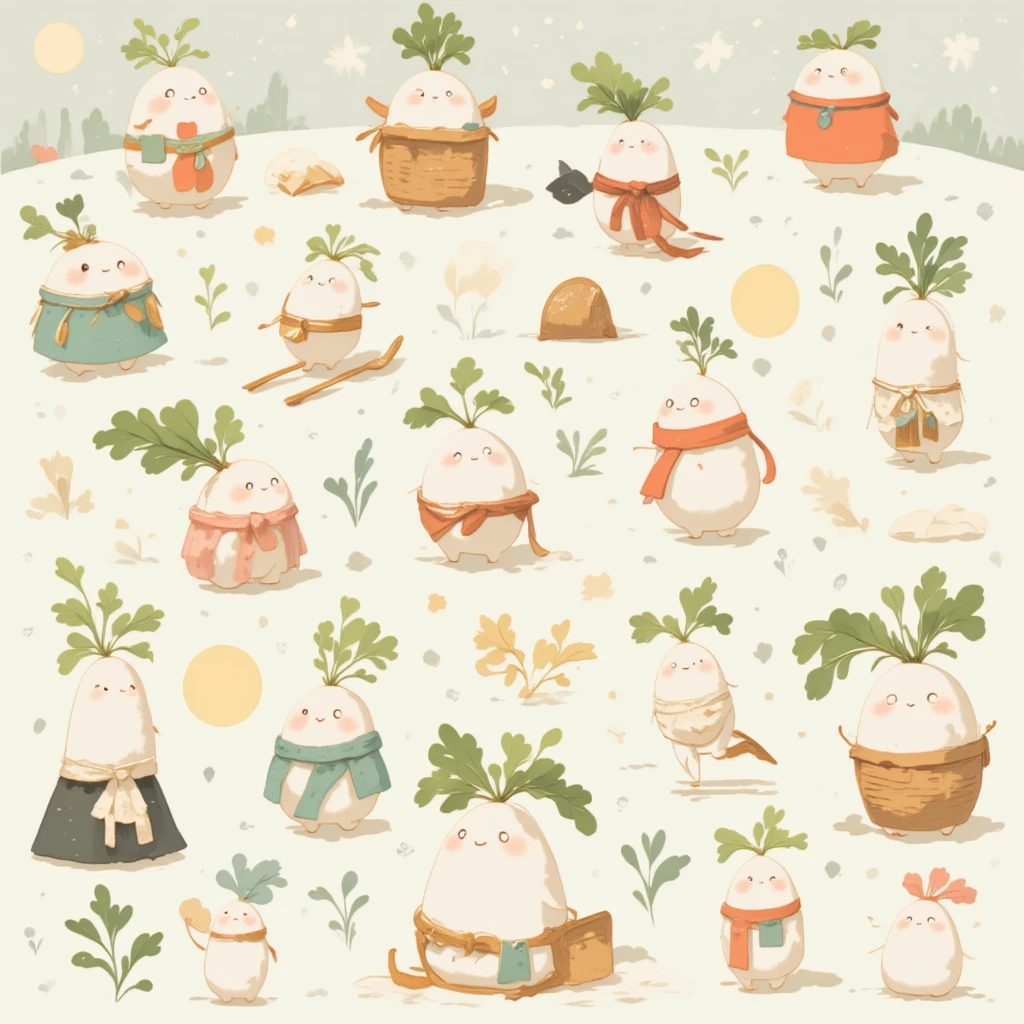 Pattern2,A whimsical 2D illustration in a decorative, pattern-like style. Features a cozy winter-themed scene with charming Daikon in festive outfits, surrounded by snowy forest landscapes. Each element, such as the daikon, baskets, sleighs, and moonlit trees, is stylized with simple, repetitive motifs and soft pastel colors. The design is formatted in a neat, organized layout, giving it the feel of a seamless decorative pattern.