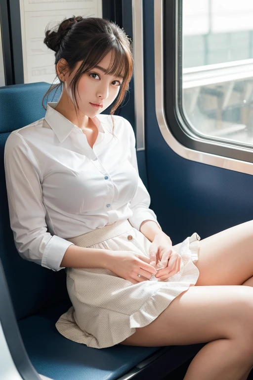 (8K,realistic:1.3), face with shadow, written boundary depth, school uniform, 
beautiful detailed illustration,great art,(((very detailed))),
1 girl sitting,bangs,high school girl,sleep,close your eyes,{white panties,skirt},
cowboy shot,from before
,(((very detailed))),in the train, a young woman is sleep contentedly. Through the gap between her legs and skirt, I can see her panties. Because the car is shaking, Calm facial expressions and gentle breathing create a calm atmosphere..
,(((very detailed)))