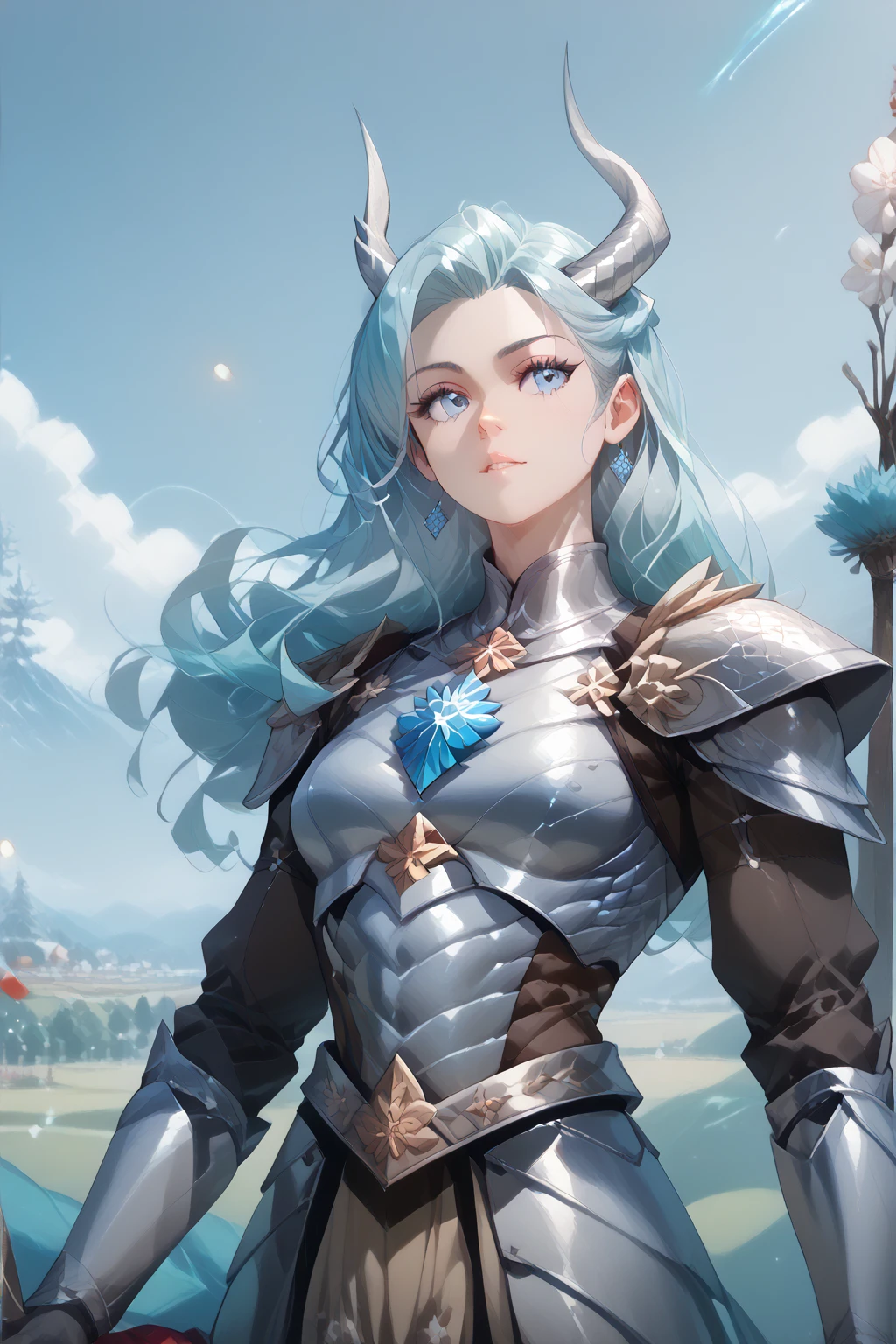 Draconiano, high, muscular,  long hair , seeds, metallic silver color ,  shimmering silver scales ,  light blue eyes ,  with simple silver medieval armor with blue details, Pose Noble,  on an icy mountain with Northern Lights in the sky . High resolution ,  masterpiece , 