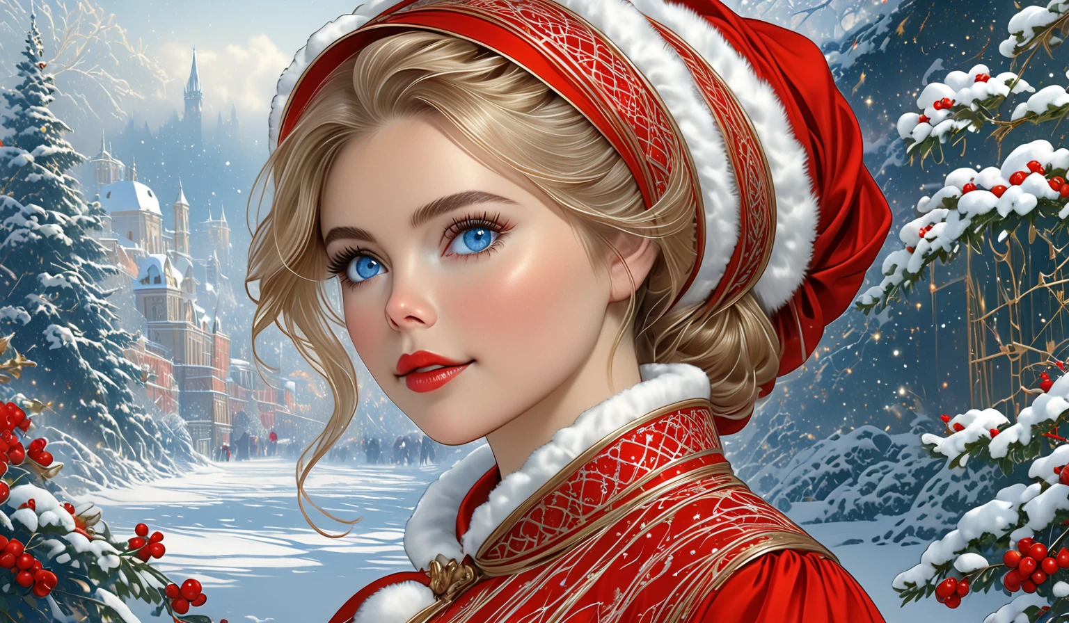 Mrs Claus as a young women. red velvet, victorian christmas. Golden-blonde hair. Cornflower blue eyes. thin waist, thick luscious lips, large heavy lidded eyes, long eyelashes. Feminine., fit, lithe figure. Sexy poses. Official Art – An Award-Winning Digital Masterpiece In 4K Ultra HD, Extreme Detail And Intricate Realism. Symmetrical Face. This Concept Art Brought To Life By The Hands Of Artists Like Wlop & Artgerm In A Stunning 2D Vector Illustration. Background Is A Panoramic Vista. Alison Brie
