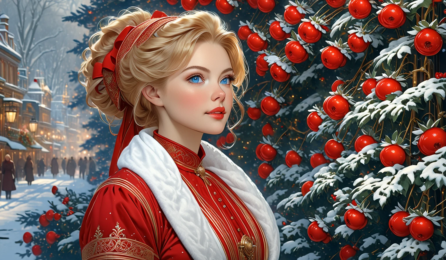  Mrs Claus as a young women. red velvet, victorian christmas. Golden-blonde hair. Cornflower blue eyes. thin waist, thick luscious lips, large heavy lidded eyes, long eyelashes. Feminine., fit, lithe figure. Sexy poses. Official Art –  An Award-Winning Digital Masterpiece In 4K Ultra HD, Extreme Detail And Intricate Realism. Symmetrical Face. This Concept Art Brought To Life By The Hands Of Artists Like Wlop & Artgerm In A Stunning 2D Vector Illustration. Background Is A Panoramic Vista. Annie Edison
