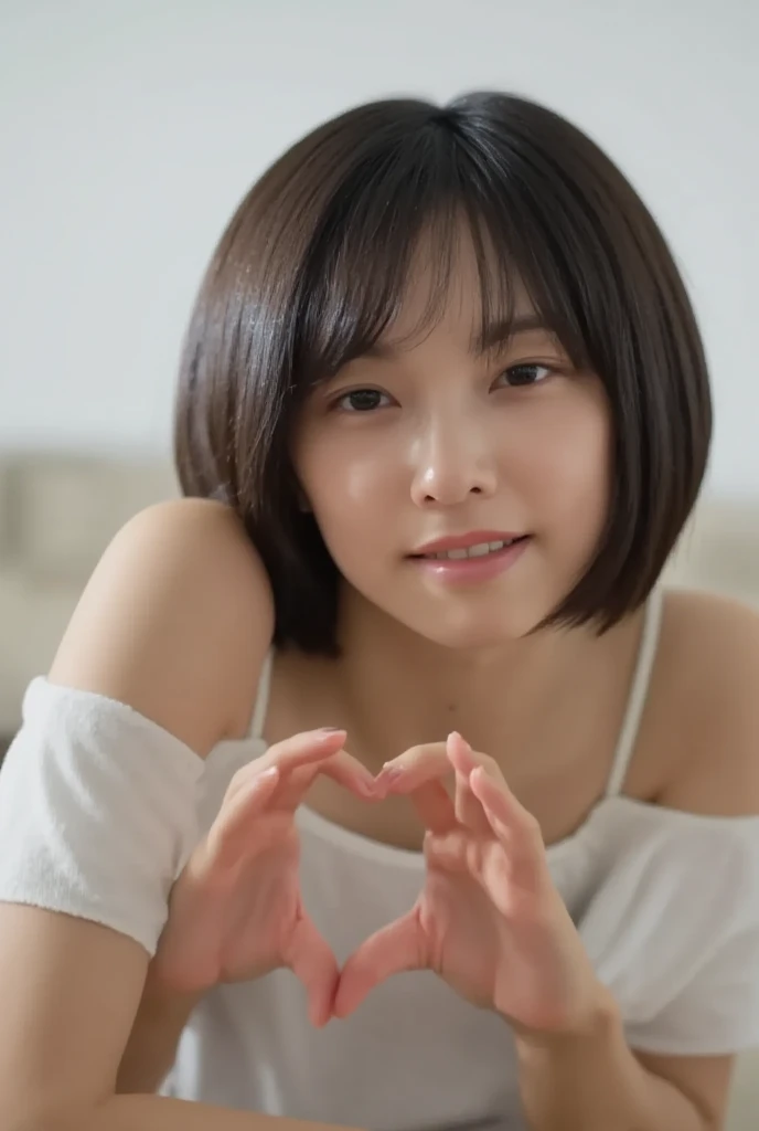 She is wearing off-the-shoulder pajamas, making a heart shape with her hands in front of her chest and smiling while taking a cute pose、 background is monotone
