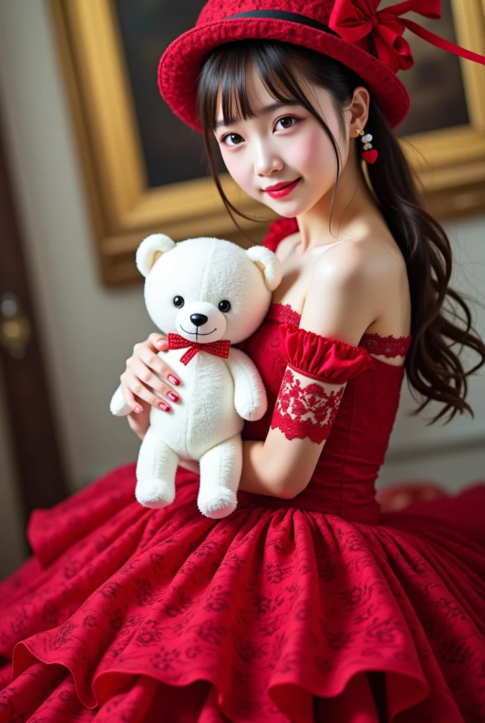 Age 35、A woman in a red sexy dress and hat is holding a white teddy bear, embarrassed smile:1.3、 Album cover inspired by Fujiwara Takanobu, Tumbler, Renaissance,  Lolita Style ,  Lolita Fashion, Loli Dress, rococo ruffle dress, , Ruffled Costume, victorian gothic  Lolita Fashion,  romantic dress, Pale red, Fairy Core,  Maid Dress