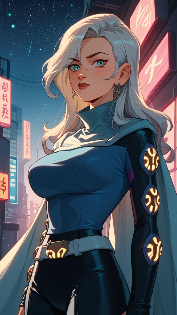 Futuristic adult Gwen ,  with an elegant outfit that mixes modern and retro elements.  Her outfit consists of a long cape ,  with neon details and a geometric pattern .  Her hair is in a sophisticated hairstyle ,  and her hair color is red with silver highlights .  The setting in the background is a contemporary city ,  with tall skyscrapers and bright lights ,  reflecting a starry night sky .  She has long hair and a confident appearance . 1 , Alone,  Long hair,  Big breasts , 