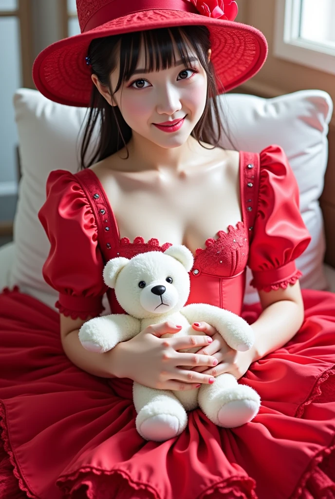 ((Age 35))、A woman in a red sexy dress and hat is holding a white teddy bear, embarrassed smile:1.3、 Album cover inspired by Fujiwara Takanobu, Tumbler, Renaissance,  Lolita Style ,  Lolita Fashion, Loli Dress, rococo ruffle dress, , Ruffled Costume, victorian gothic  Lolita Fashion,  romantic dress, Pale red, Fairy Core,  Maid Dress