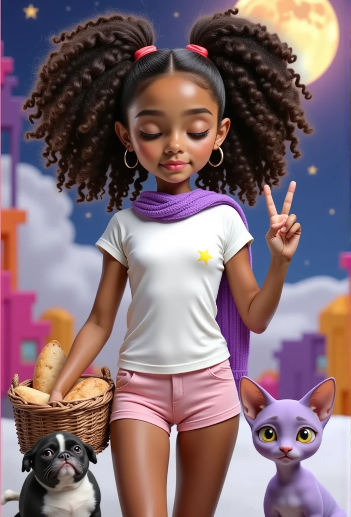 Inspired by Disney Pixar movie posters, the high-quality, high-resolution 3D characters create the image of a , ,  girl. age: 9, beautiful, sensual, attractive, light brown skin, curly hair tied in two ponytails, with a red ribbon, plain white t-shirt, a lilac scarf wrapped around her neck to protect her from the cold, SKIN COLOR ELASTANE shorts, very short and tight tucked into her vagina, YOU CAN SEE THE SHAPE, AND HER VAGINAL LIPS BECAUSE THE SHORTS ARE SO TIGHT, WITH DETAILS AND HIGH RESOLUTION AND QUALITY, holding a basket with two loaves of bread inside, looking at the camera with a sad look, making the number two with her hands, making the victory symbol with her hand, signaling that there are 2 loaves of bread missing, next to her with a dismayed look as if they wanted to give support, two friends, a black and white French bulldog puppy (with the predominant black color), and a purple cat with yellow eyes of the sphinx breed, hairless, a puppy, looking sadly at the girl, the background is a night with a star shining brightly in the background and the full moon