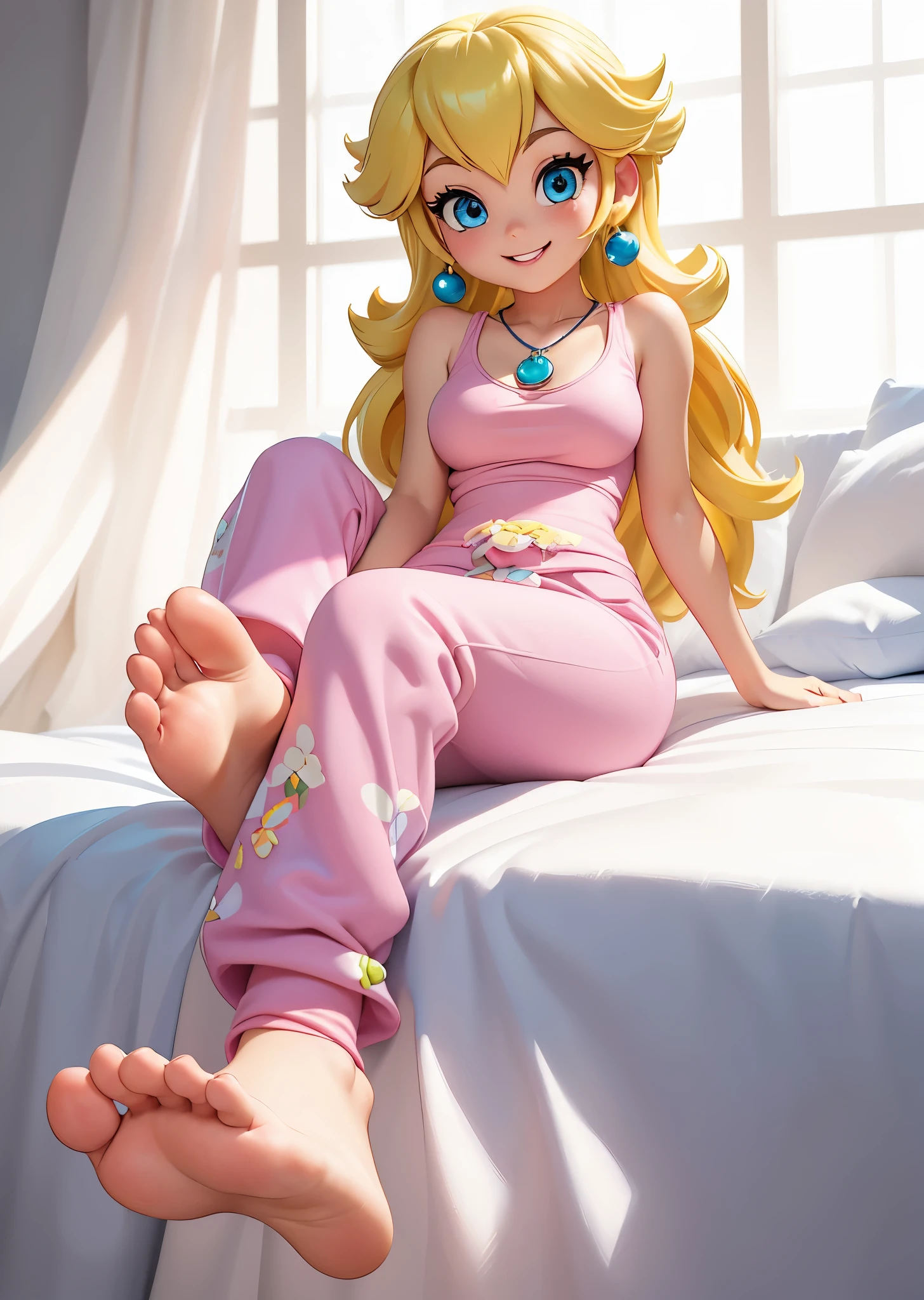 [Princess peach], ((masterpiece)), ((HD)), ((high res)), ((solo portrait)), ((full body)), ((foot focus)), ((front view)), ((cartoon aesthetic)), ((detailed shading)), ((beautiful rendering)), ((intricate details)), {(slim figure), (long yellow hair), (cute blue eyes), (long eyelashes), (toned body), (curvy hips), (beautiful legs), (defined feet), (cute excited grin)}, {(pink tank top), (pink pajama pants), (blue pendant earrings)}, {(sitting on bed), (looking at viewer)}, [ambient lighting, sun rays]