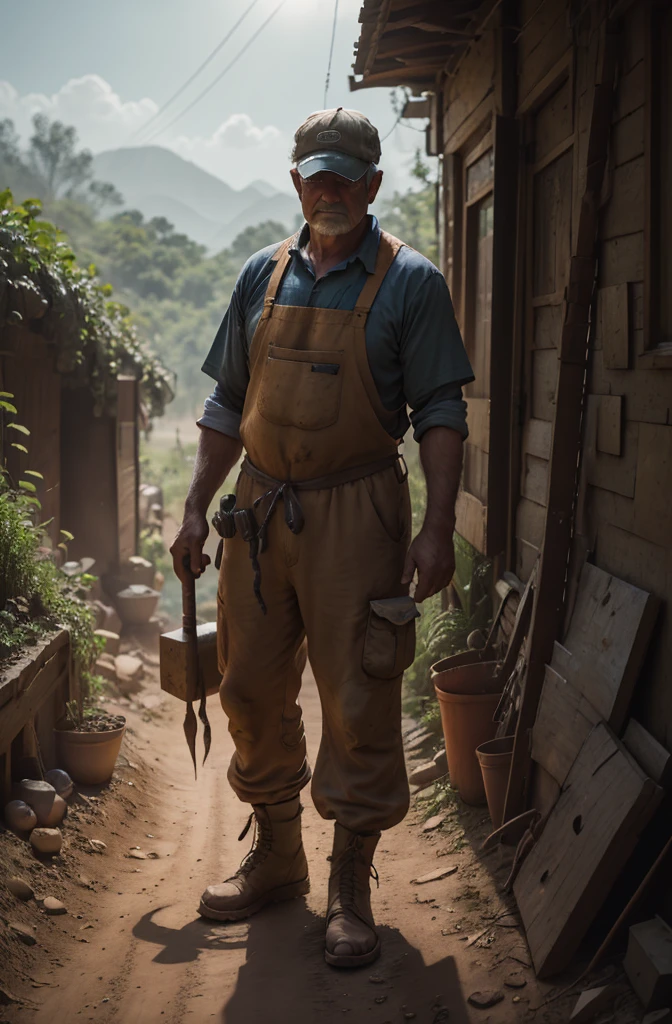 's full body is shown, rpg, JRG Character, Villager, farmer, Mob, Character portrait,  has shadows covering his eyes, Middle-aged man,  installer with electric drill 