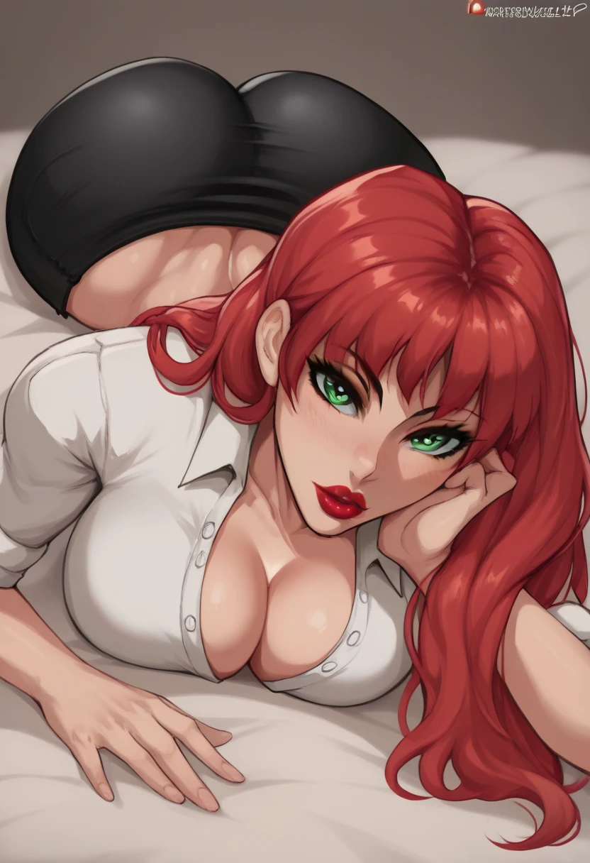 (masterpiece), best quality, expressive eyes, perfect face, red hair, green eyes, big breasts, fit body, hourglass figure, wide hips, natasha romanoff, long hair, bangs, green eyes, red hair, lipstick, makeup, decollete, cleavege, athletic, black pencil skirt, cropped white button up shirt, unbuttoned, sleevless, bare midriff, laying on stomach, ass towards viewer, glance behind shoulder