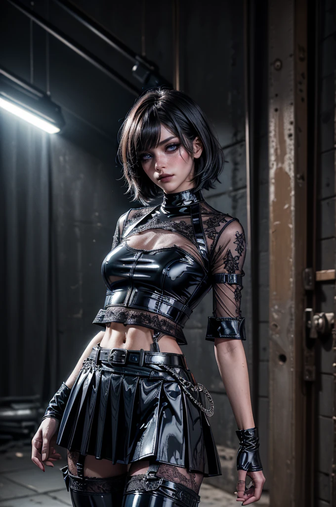 Hyper realistic super detailed sexy young gothic girl , expressions faciales sexy, seductive facial expressions, full body, dynamic pose, back view [:(Face detail: 1.4): 0.4], 16K resolution, 4k resolution, (Ventre plat parfait), (image couleur),
edgpshorts, a woman in a black top and shorts  with chains on her waist , wearing edgpshorts
 