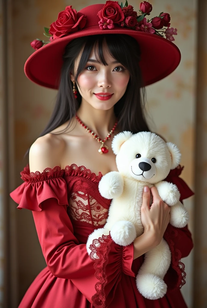 (((Age 35)))、A woman in a red sexy dress and hat is holding a white teddy bear, embarrassed smile:1.3、 Album cover inspired by Fujiwara Takanobu, Tumbler, Renaissance,  Lolita Style ,  Lolita Fashion, Loli Dress, rococo ruffle dress, , Ruffled Costume, victorian gothic  Lolita Fashion,  romantic dress, Pale red, Fairy Core,  Maid Dress