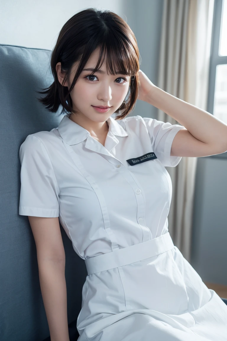 Cinematic Lens, Centered, Cinematography, Intricate details, meticulously crafted, Magnificent, Maximum Detail, Extremely beautiful, Realistic, (((1girl in, Solo))), 18 years old, Short hair, Black hair, (((Center))), nurse's uniform,