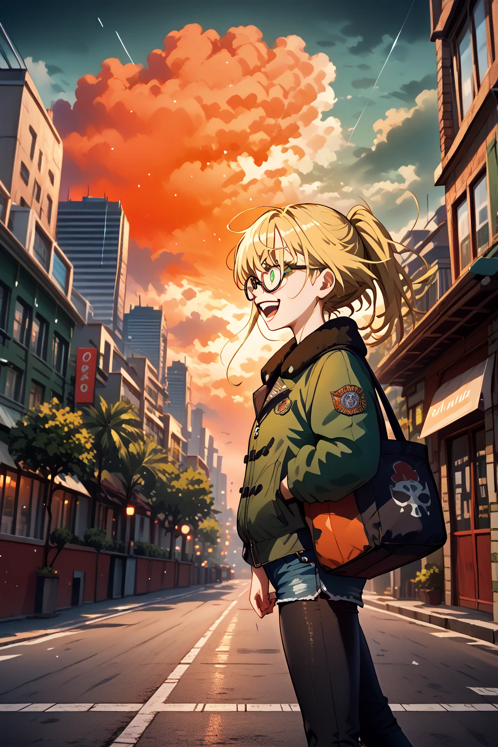 From the side,   A close-up of a young woman with short brown hair carrying a large bag while walking on wide steps,  long blonde hair to the shoulder ,  green eyes , glasses,   A green jacket with denim shorts and black skinny pants  , street,  a city with a tropical climate  ,   A thick cloudy separation to reveal a red-orange sunset  ,  A wall of rain is visible on the horizon ,  a sober atmosphere , cinematographic, Faded colors,  film is a dark shot ,  Subtle colors  , Habibi , oud, crazy details,  intricate details ,  highly detailed , 
 