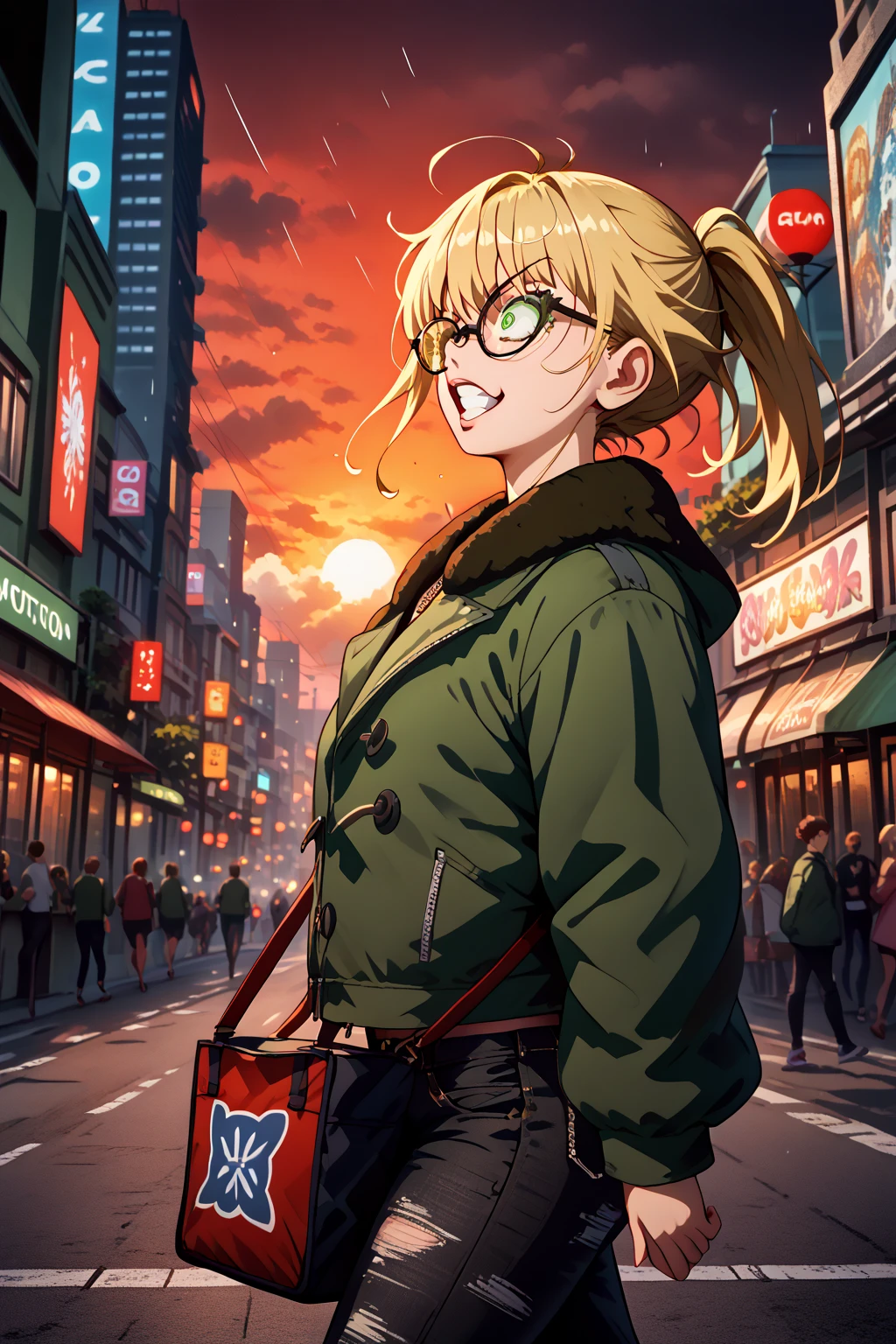 From the side,   A close-up of a young woman with short brown hair carrying a large bag while walking on wide steps,  long blonde hair to the shoulder ,  green eyes , glasses,   A green jacket with denim shorts and black skinny pants  , street,  a city with a tropical climate  ,   A thick cloudy separation to reveal a red-orange sunset  ,  A wall of rain is visible on the horizon ,  a sober atmosphere , cinematographic, Faded colors,  film is a dark shot ,  Subtle colors  , Habibi , oud, crazy details,  intricate details ,  highly detailed , 
 