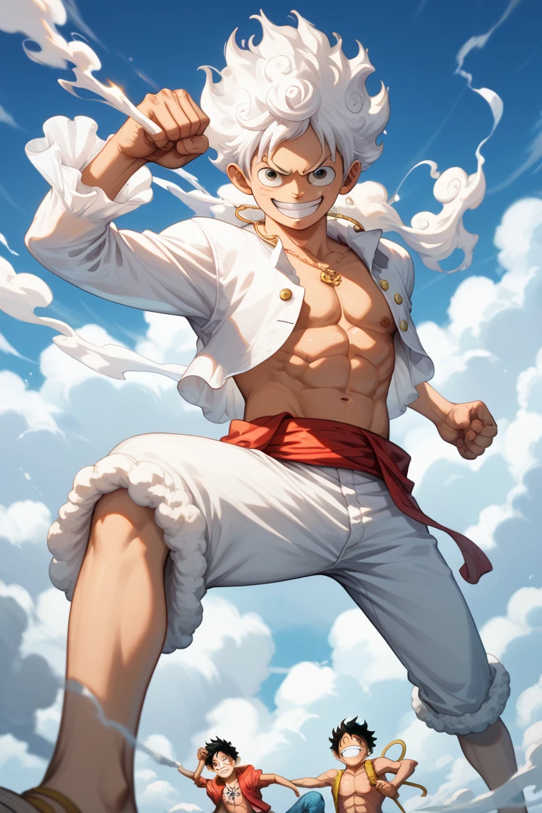 best drawing, master piece,gear fifth, male focus, monkey d luffy (onepiece), luffy (onepiece), high resolution, gear 5, white hair, cloud hair, lot of smoke, smile, gear fifth, full_body, fight pose