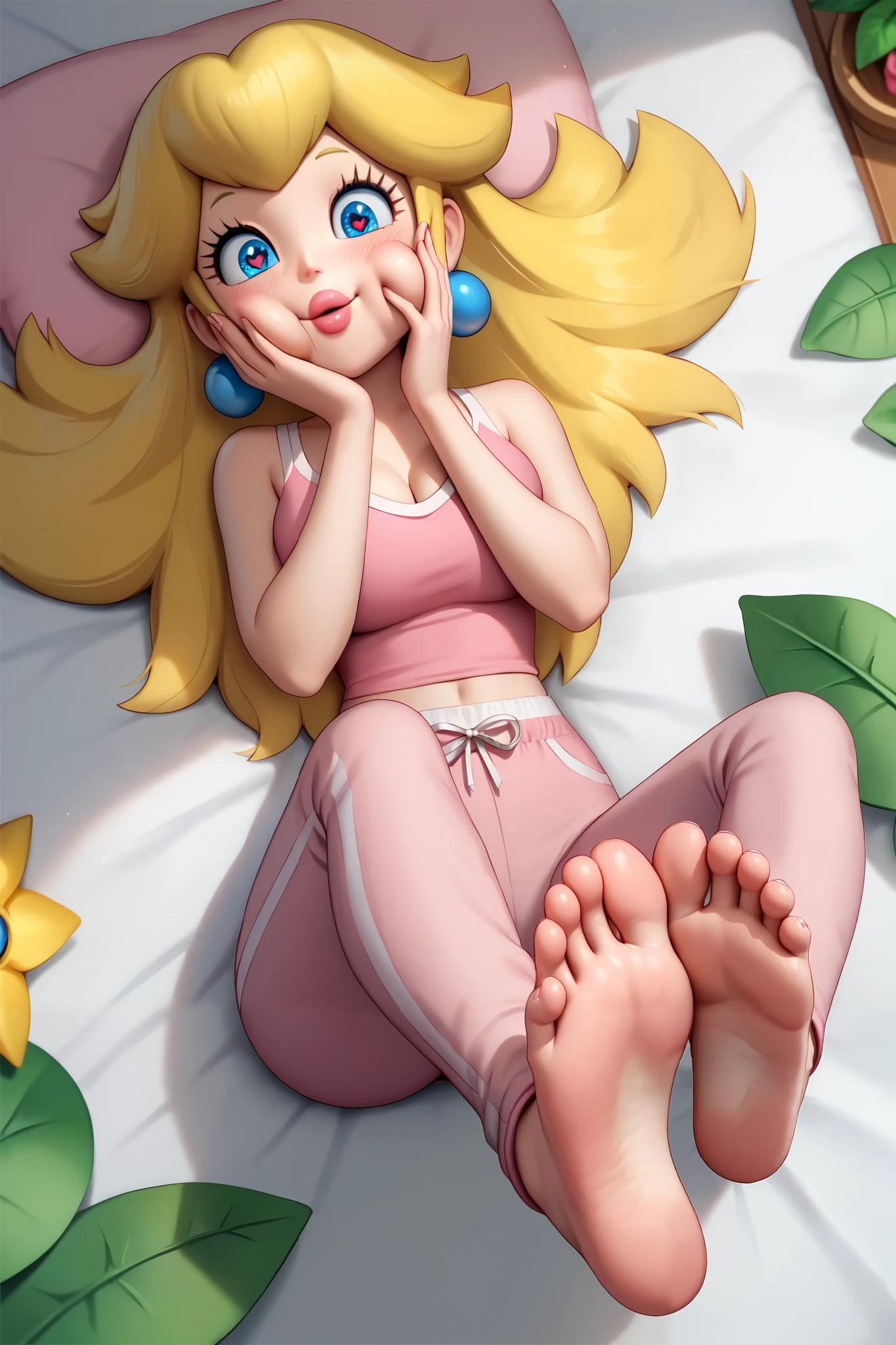 [Princess peach], ((masterpiece)), ((cartoon style)), ((full body)), ((foot focus)), {(attractive figure), (blushy cheeks), (yellow hair), (heart bangs), (blue eyes), (reflection in eyes), (long eyelashes), (thin eyebrows), (lush lips), (cute smile)}, {(pink tank top), (pink pajama pants)}, {(laying on bed)}